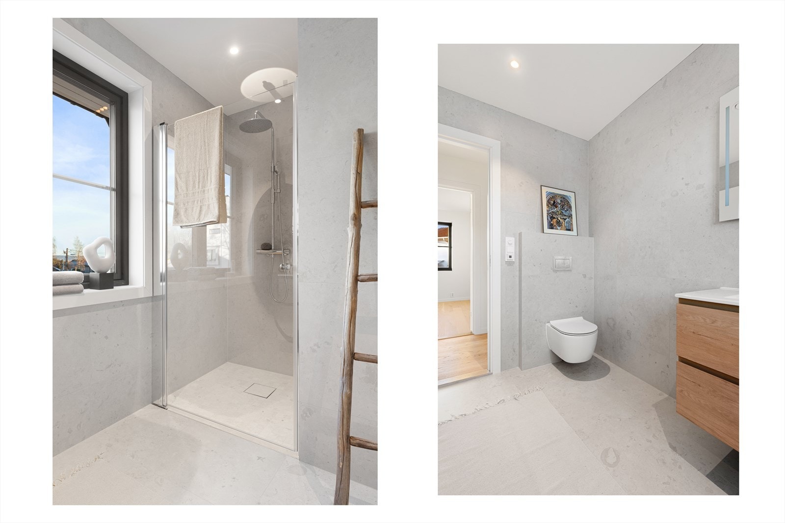 Badet er utstyrt med stor dusj med regnfallsdusj og glassdør, servant i innredning med skuffer og vegghengt toalett Galleribilde