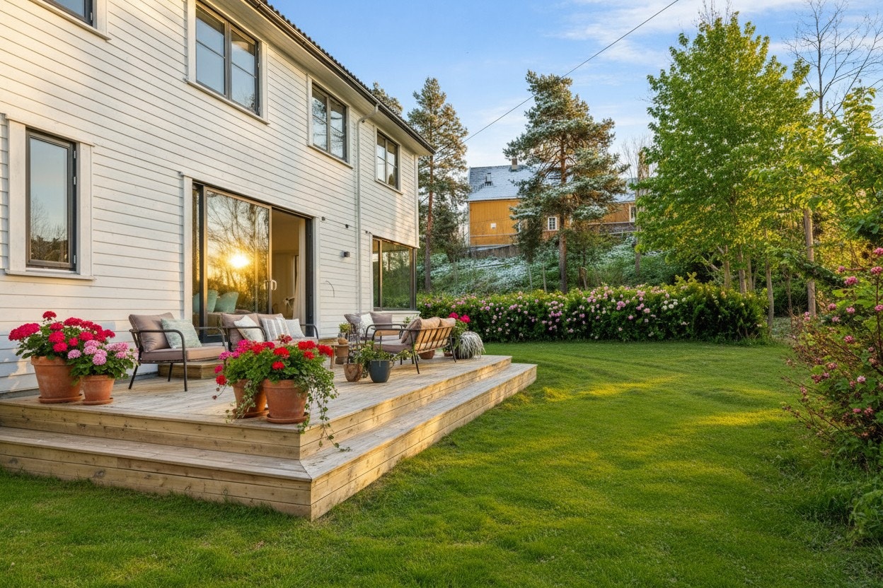 Flott terrasse med direkte tilgang til den nydelige hagen (AI redigert bilde) Galleribilde