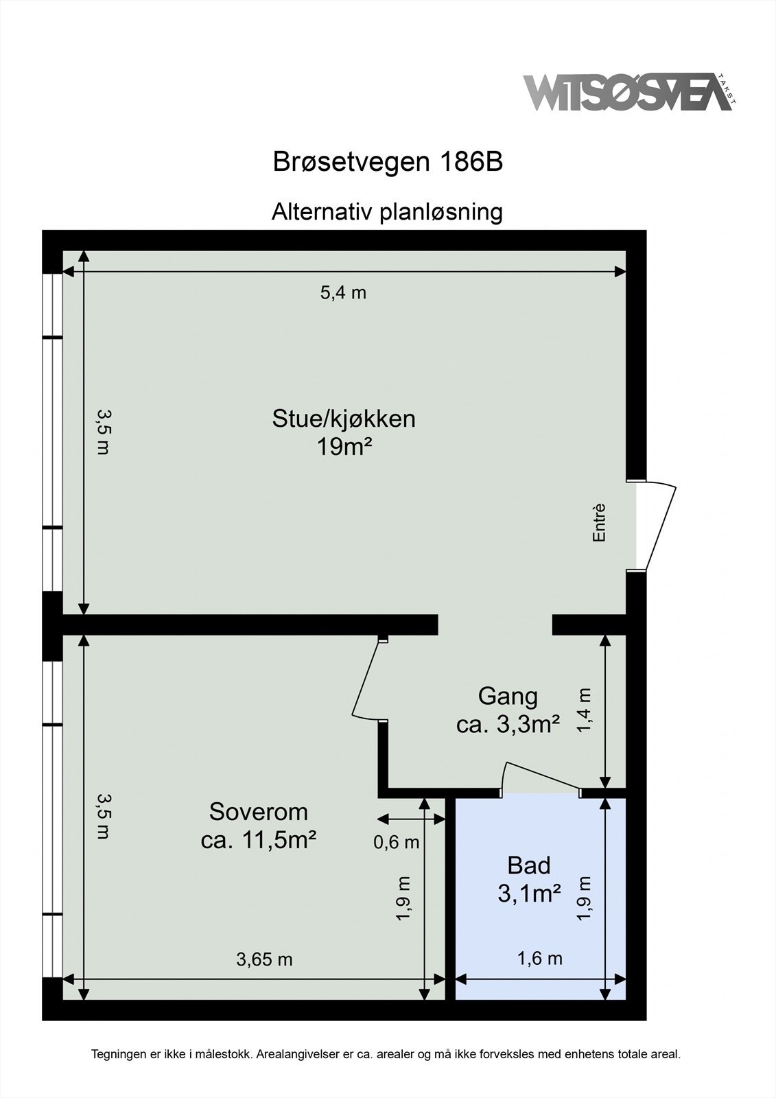 Alternativ planløsning for deg som ønsker å sette opp en vegg og dør til soverommet Galleribilde