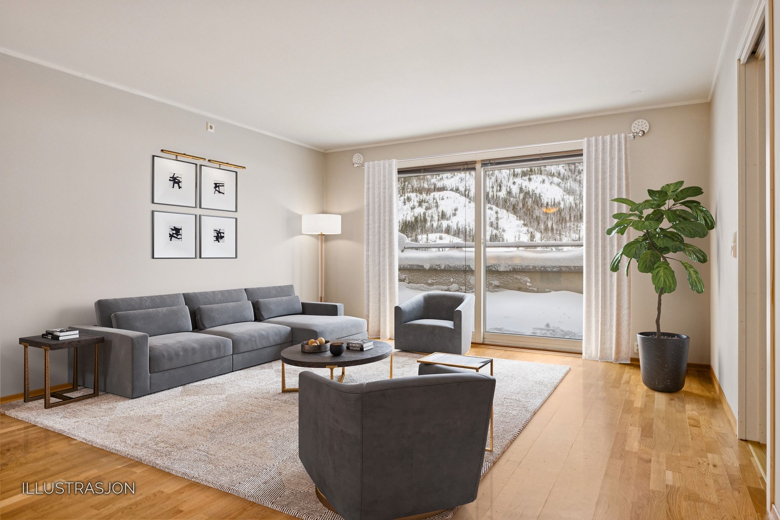 Fra stuen er det skyvedør inn til en mellomgang som går til soverom, innebod og badet. Møblene er illustrert. Målestokk vil avvike. Møblene er illustrert. Målestokk vil avvike. Galleribilde