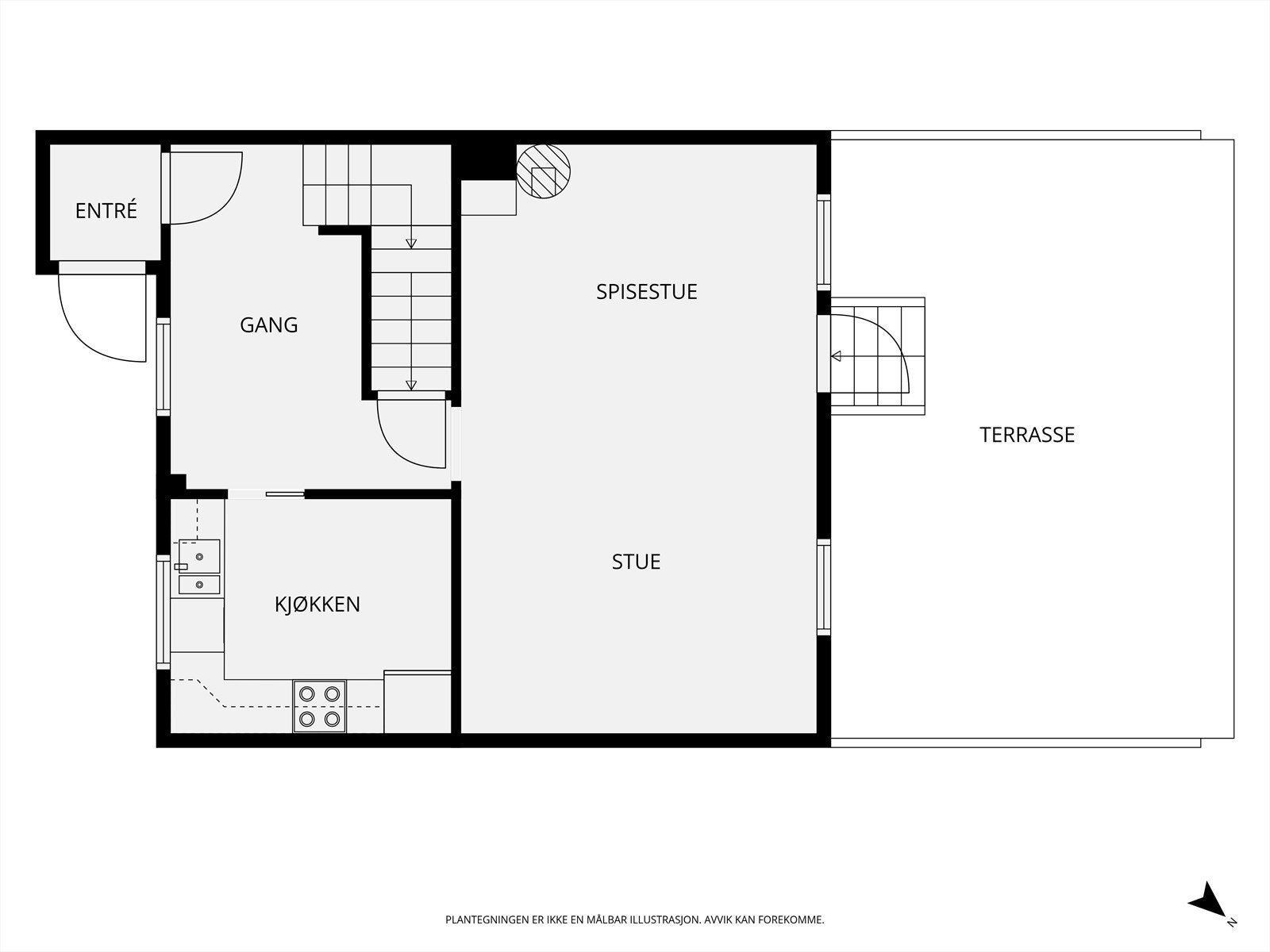 Første etasje samler de sosiale sonene, med adskilt kjøkken og en stue som åpner seg mot den store terrassen. Galleribilde