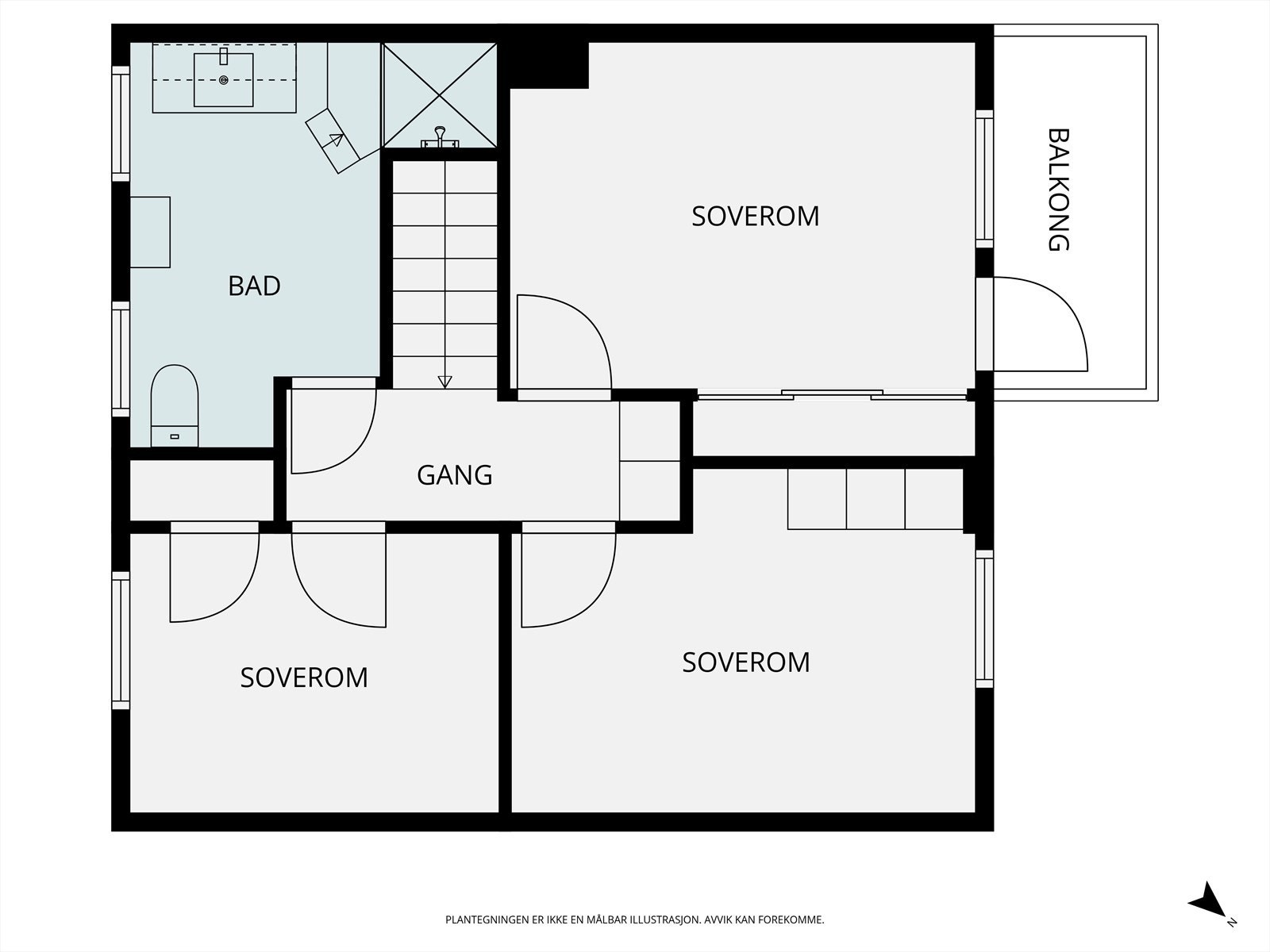 Andre etasje er boligens private sone, med tre soverom og bad samlet. Galleribilde