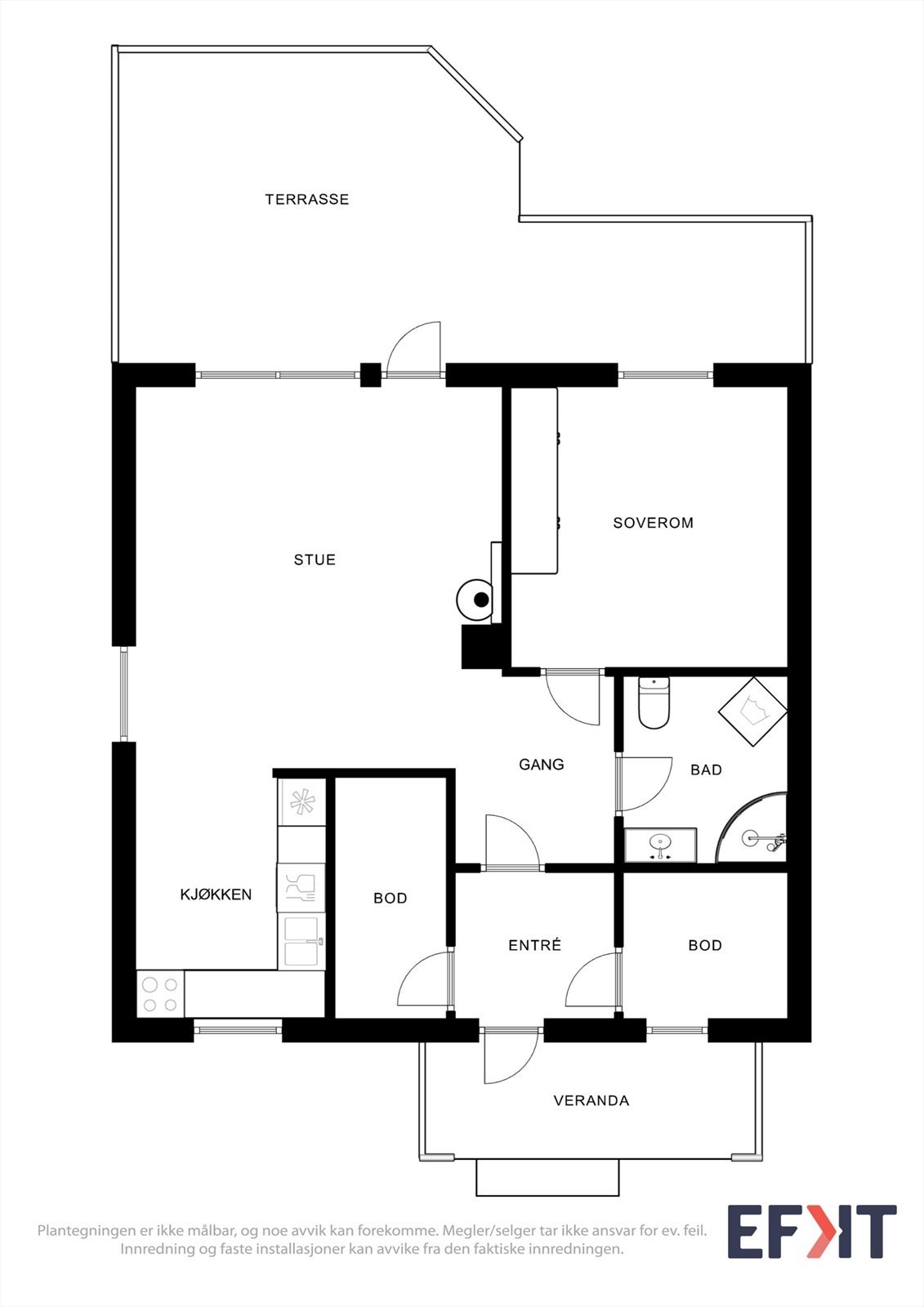 Effektiv planløsning over ett plan med et internt bruksareal på 64 m². Boligen inneholder stue, kjøkken, bad, soverom og to boder. Galleribilde