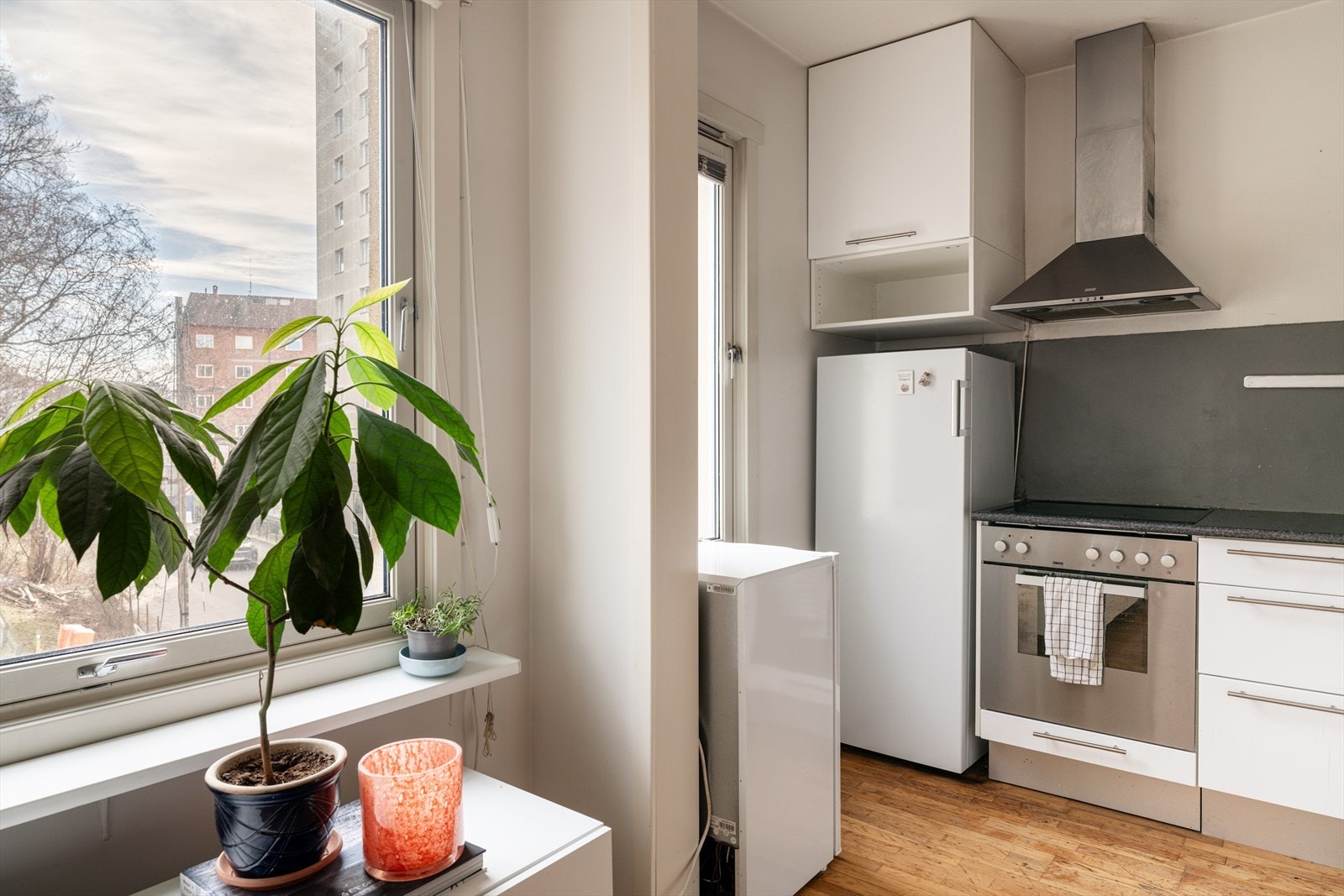 Kjøkkenet er utstyrt med integrert platetopp og stekeovn, og det er plass til frittstående kjøleskap, fryseskap og opplegg for oppvaskmsakin. Galleribilde