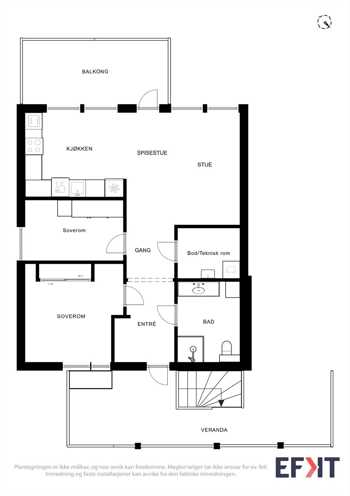 Plantegningen viser en effektiv planløsning med gang, to soverom, bad, bod og åpen stue/kjøkken. Galleribilde