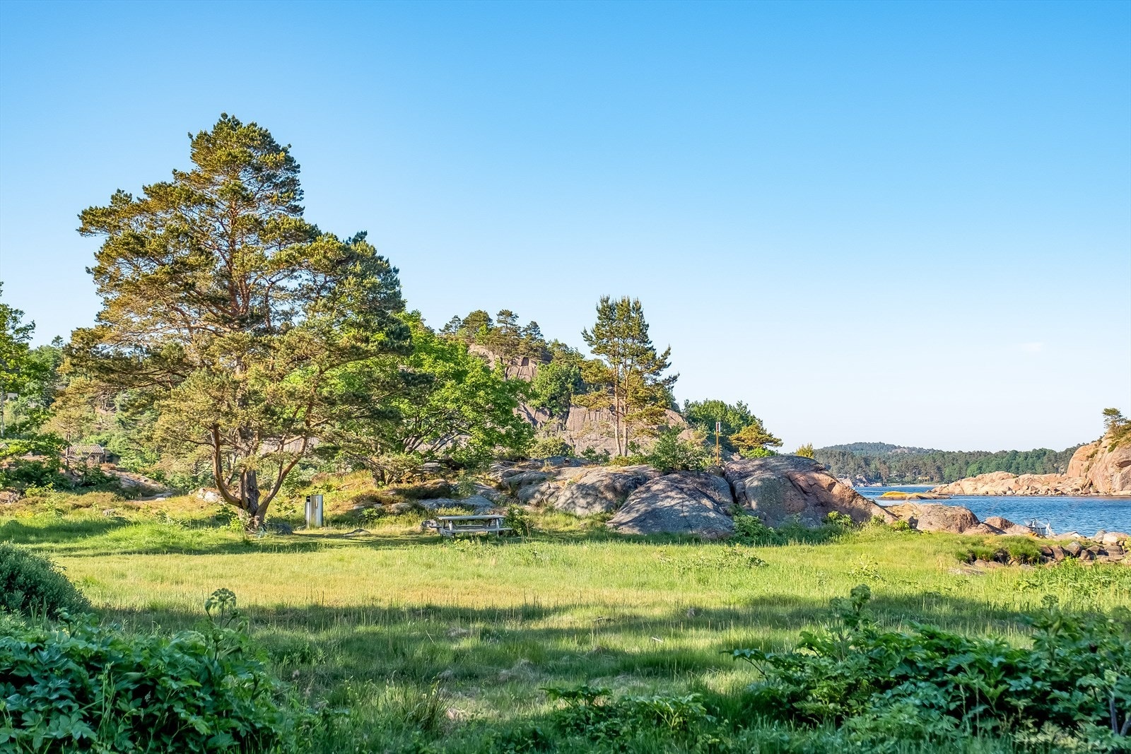 Variert kystterreng med gressletter og svaberg som strekker seg ned mot vannet Galleribilde