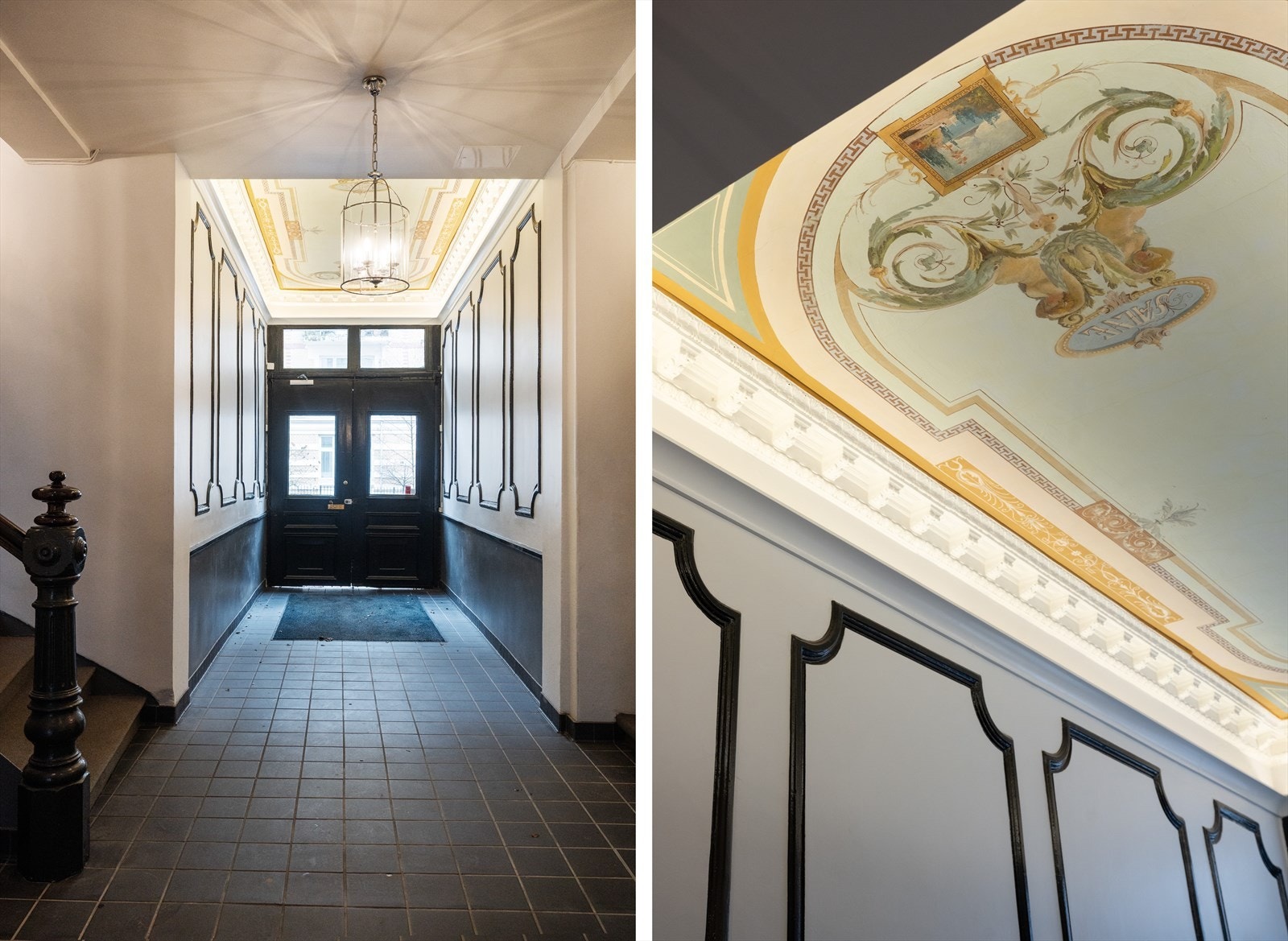 Felles inngangsparti med historiske detaljer som takmalerier og stukkatur. Galleribilde