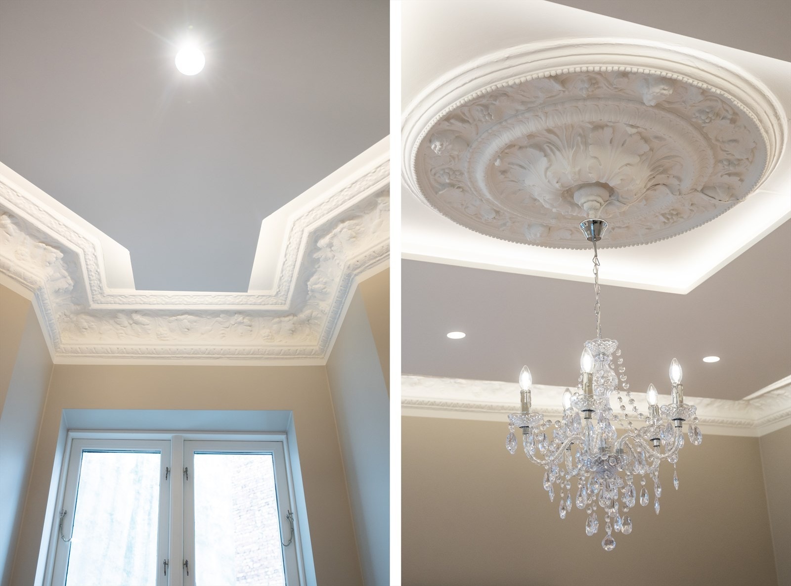 En vellykket kombinasjon av klassiske rosetter og moderne downlights. Galleribilde