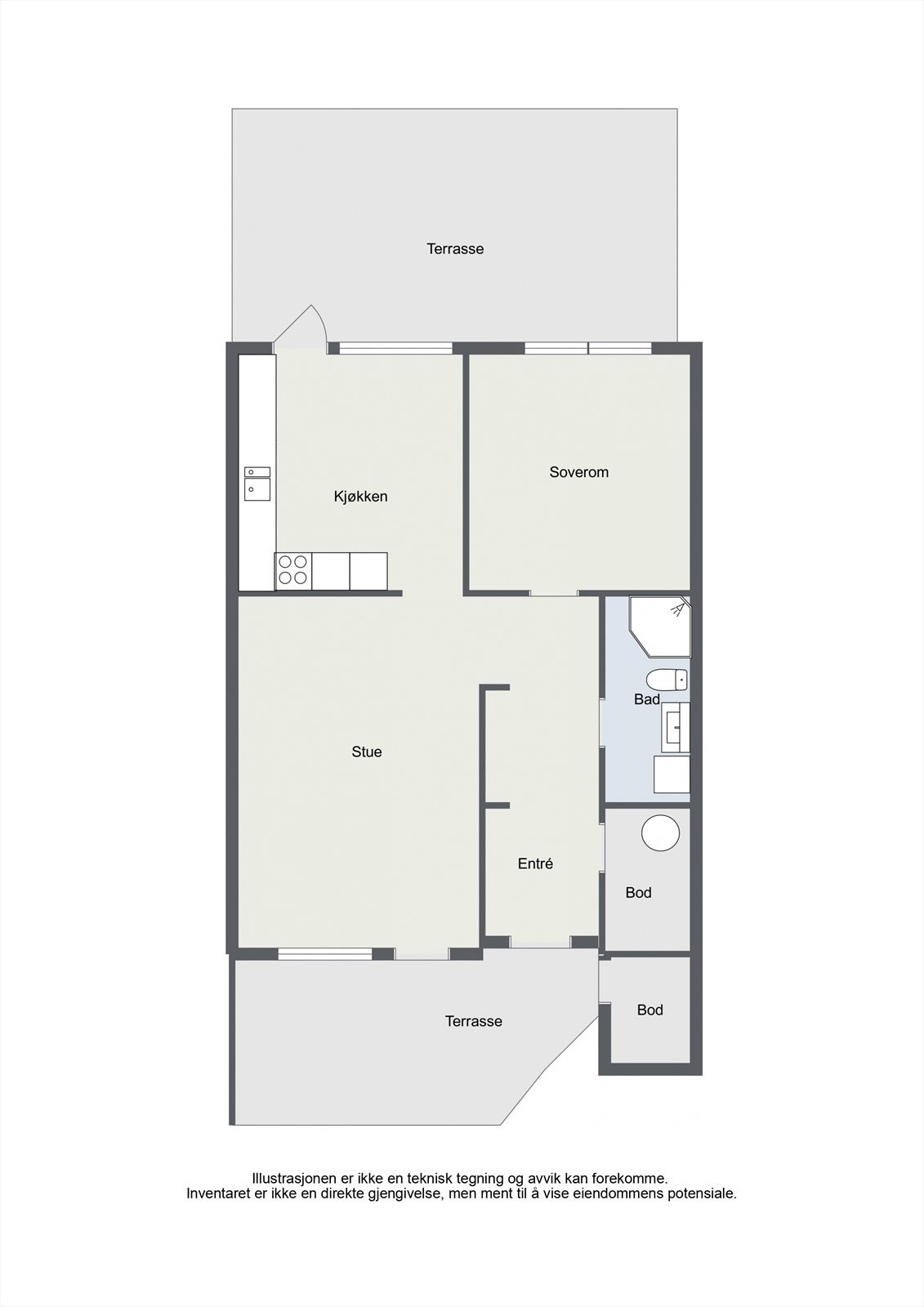 Planløsningen på 62 m² BRA-i omfatter entré, stue, kjøkken, soverom, bad og bod, samt to private uteplasser. Galleribilde