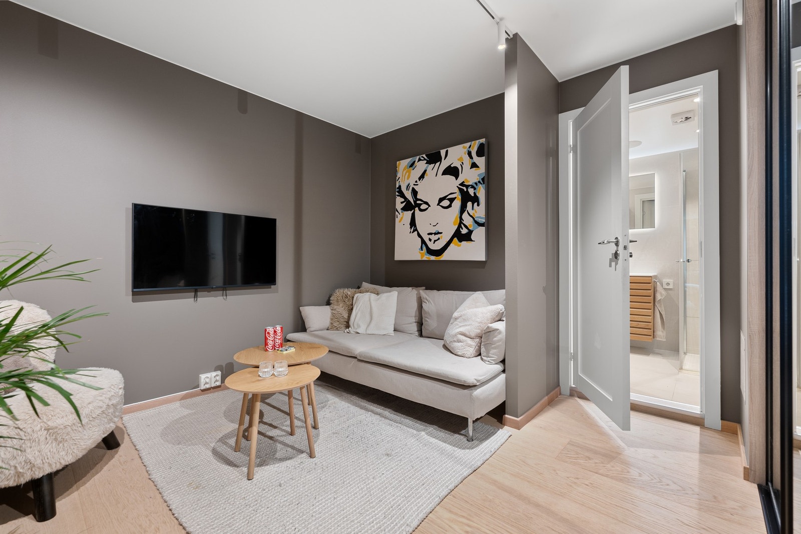 TV-stuen ligger skjermet til i boligen og fungerer som et lunt og behagelig ekstra oppholdsrom - perfekt for avslapning, gaming eller som et stille leserom. Galleribilde