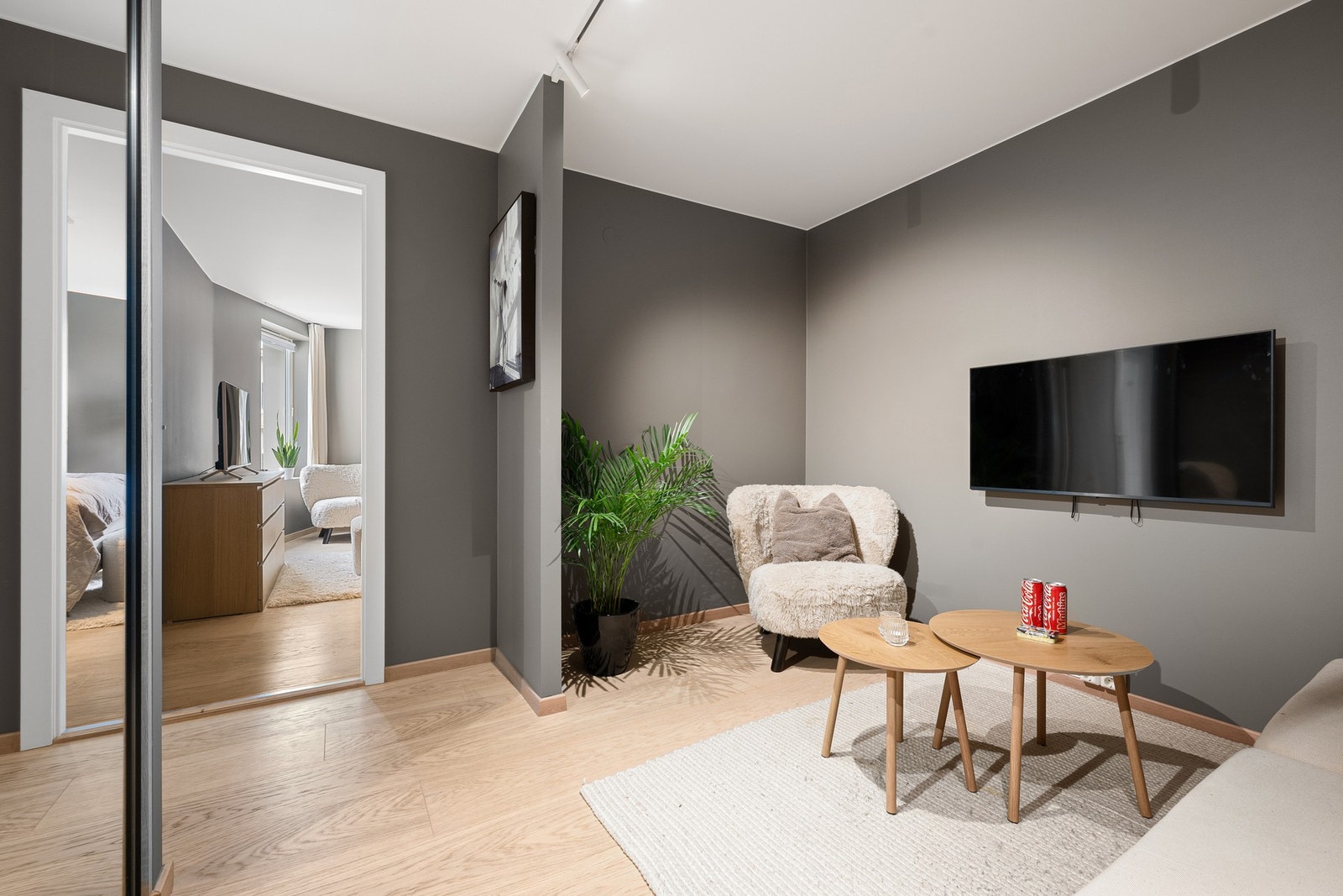 Leiligheten har to stuer, hvor den ene benyttes som TV-stue. Her er det en stor skyvedørsgarderobe med speil. Galleribilde