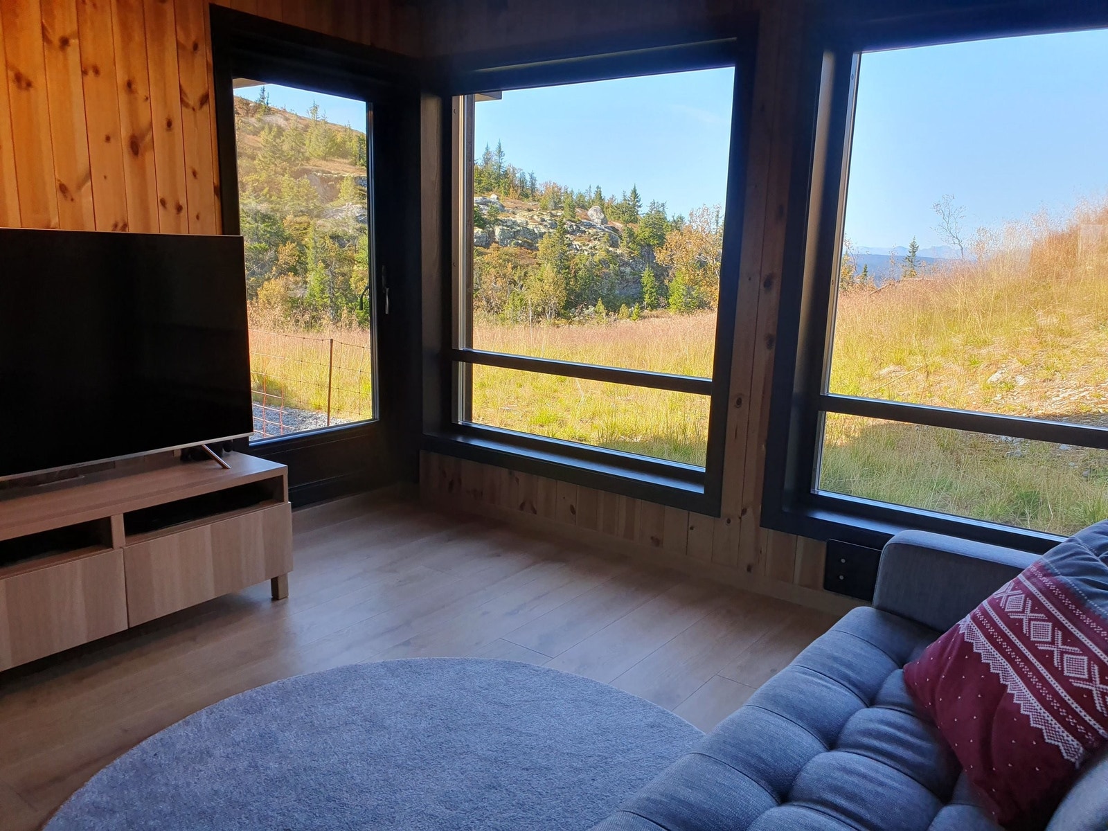 Utgang til markterrasse. Blendingsgardiner på alle vinduene. Panelovn. Galleribilde