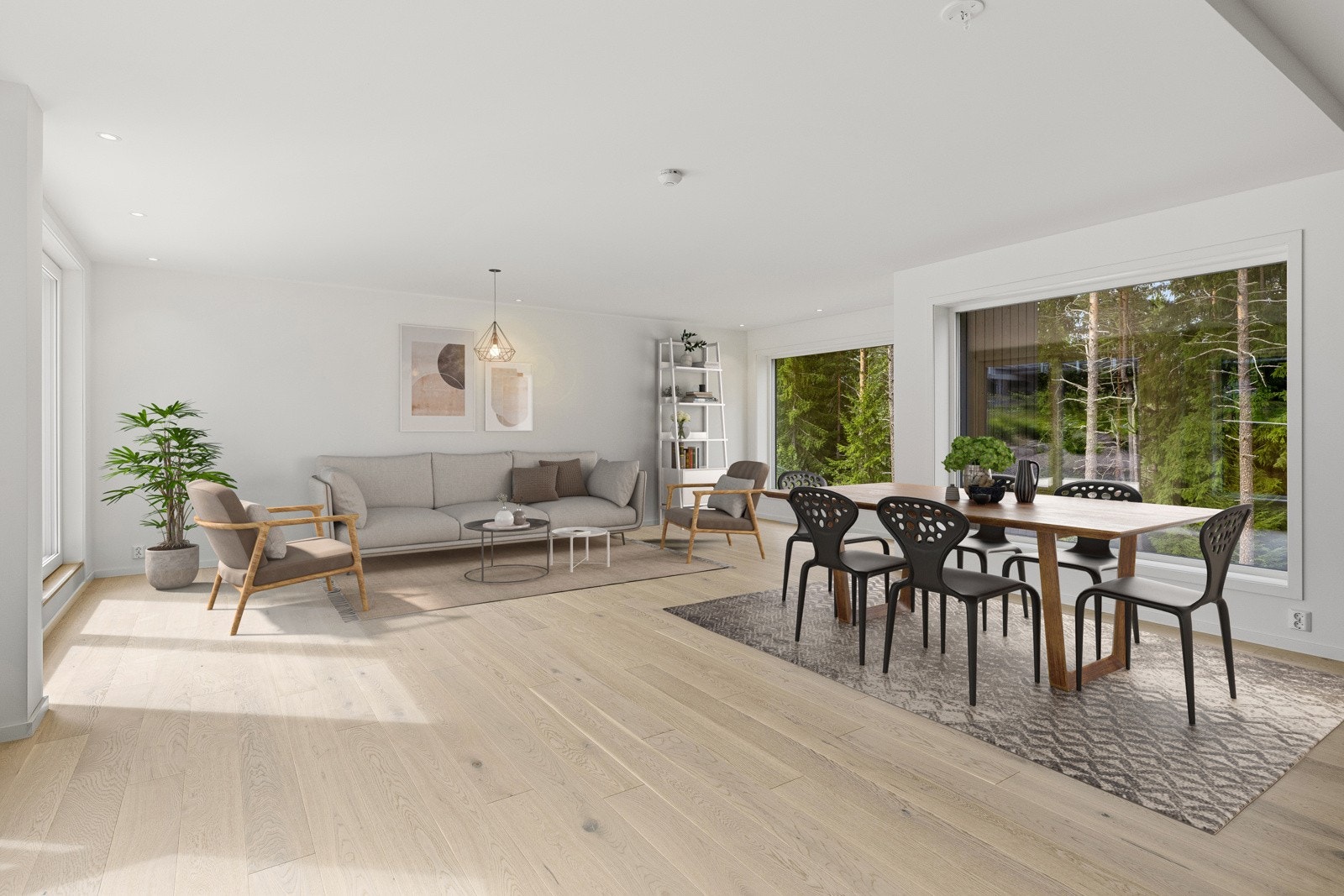 Den romslige løsningen gir god plass til en stor sofagruppe, og spisebordet får sin naturlige plassering mellom stuen og kjøkkenet (Bildet er digitalt stylet) Galleribilde