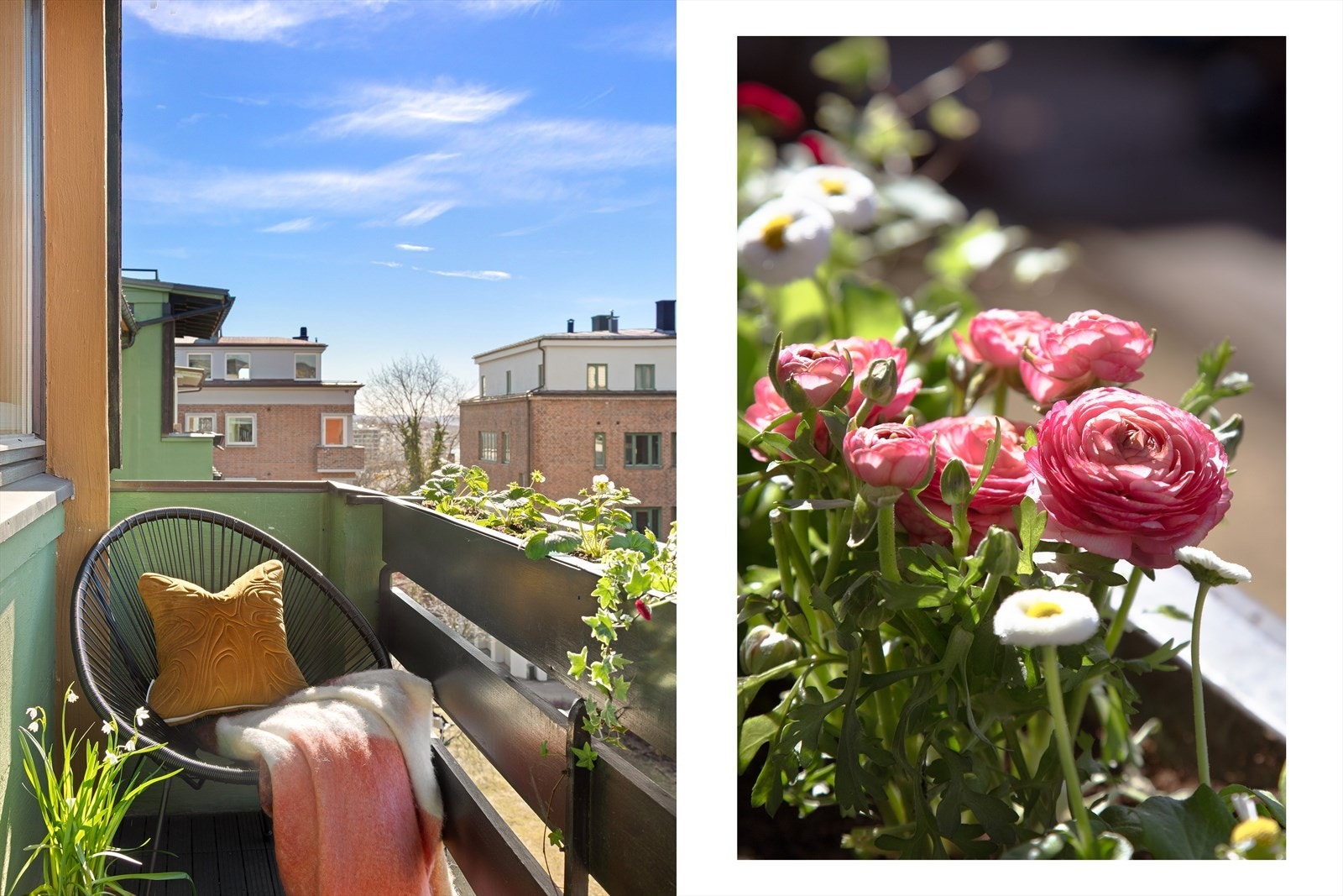 God plass til å sitte på balkongen, og mye blomsterkasser der selger i dag planter både blomster og jordbær. Galleribilde