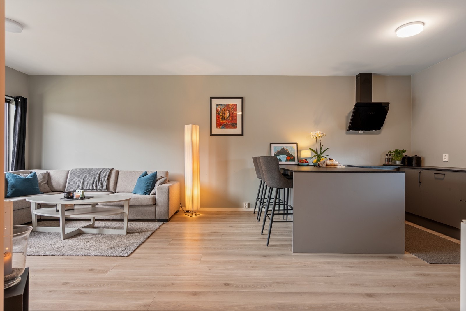 Tidsriktige fargevalg og moderne laminatgulv gir et smakfullt inntrykk Galleribilde