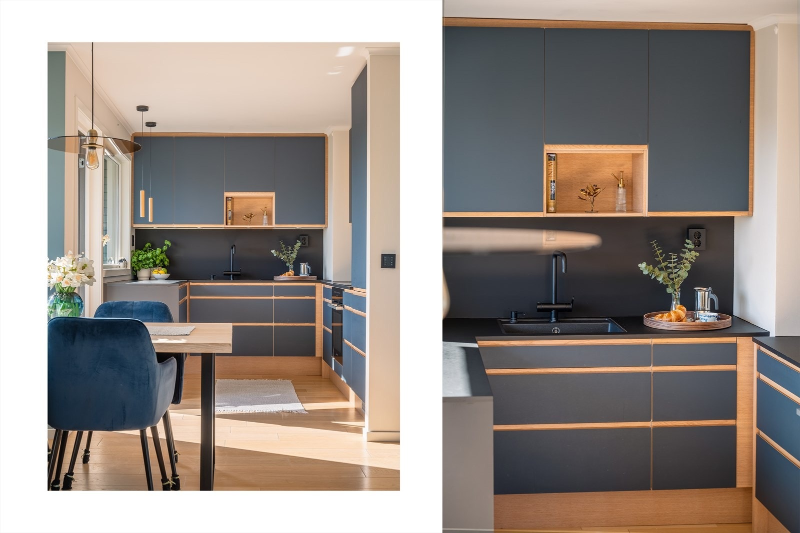 Her bor du rolig og tilbaketrukket i en moderne leilighet med flott balkong og egen garasjeplass med el-billader. Kjøkkenet fra Designa ble installert i 2020, og er både stilrent og funksjonelt. Galleribilde