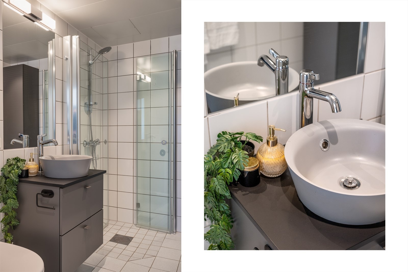 Servantskap, høyskap og dusjdører ble fornyet i 2020, og gir badet et moderne og oppdatert uttrykk. Galleribilde