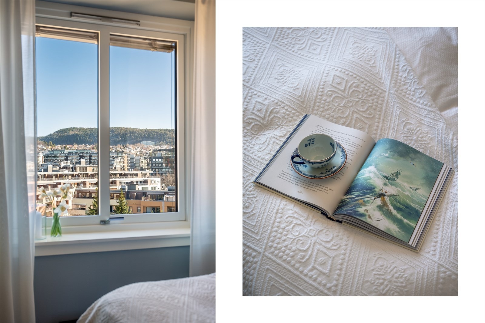 Lyseblå vegger og utsikt mot det rolige boligområdet gjør rommet fredfullt og innbydende. Galleribilde