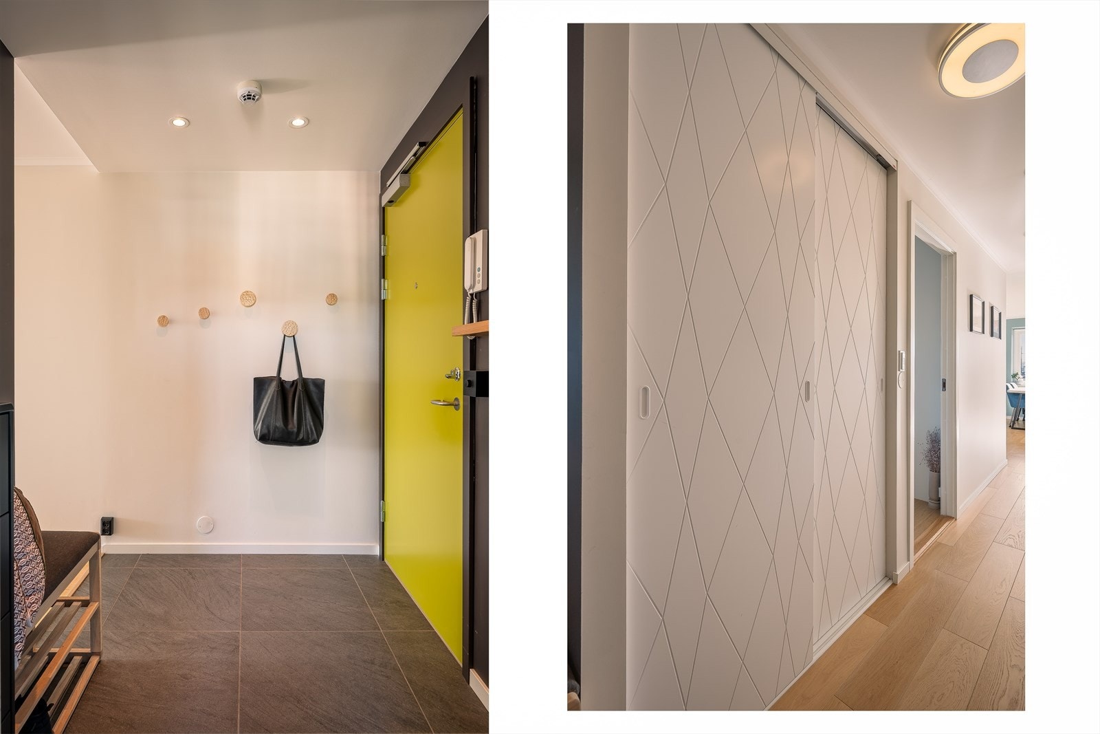 Entréen er lys og innbydende,Praktiske knagger gjør det enkelt å henge fra seg yttertøy, og sko kan settes bort på en ryddig måte. Galleribilde