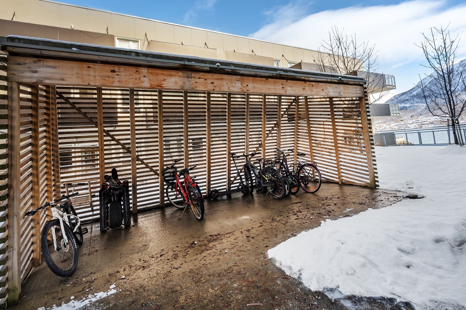 Sameiet har felles sykkelparkering for beboerne like ved inngangspartiet. Galleribilde