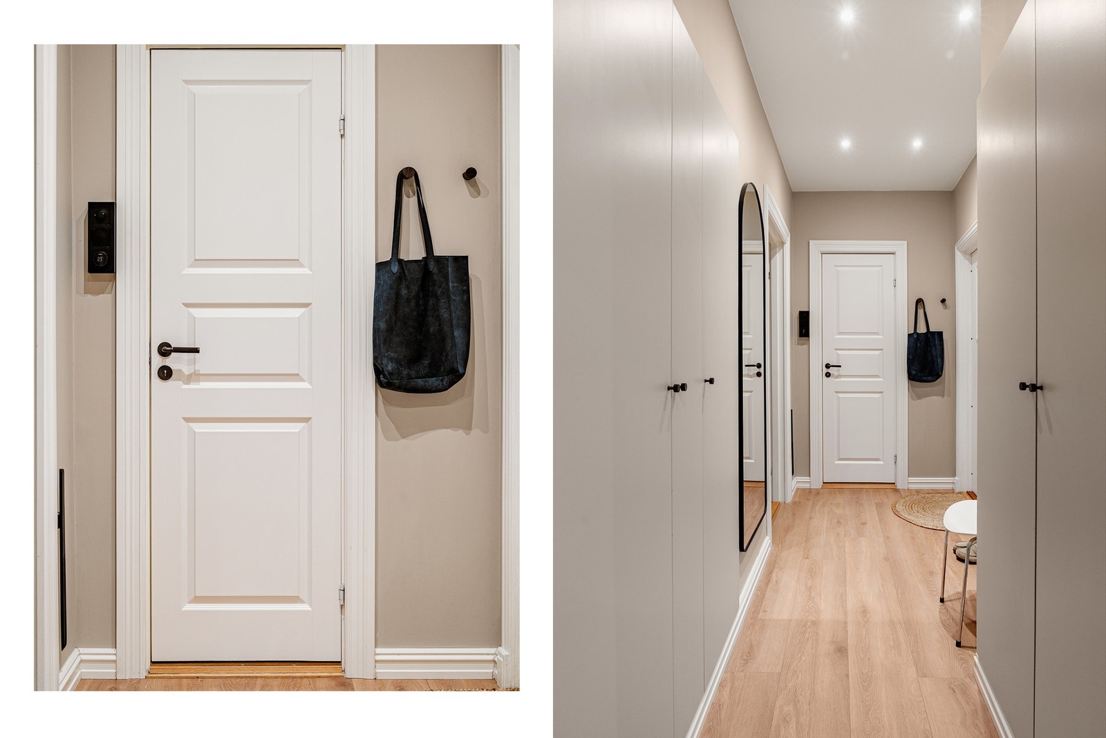 Entréen er lys, innbydende. Her finnes godt med oppbevaringsplass i plassbygde garderobeskap. Galleribilde