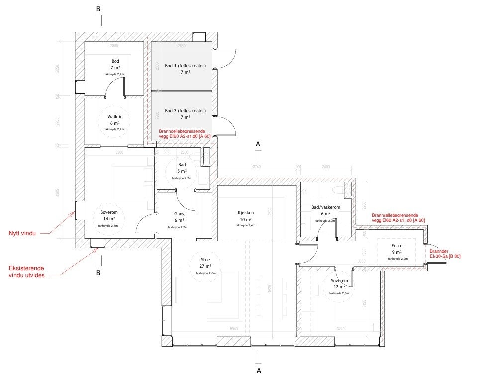 Planskisse etter ombygging (godkjent hos PBE og av aksjelaget). NB Disse arealangivelsene er basert på arkitektens tegninger, se neste slide for mer eksakt (fysisk oppmålt) areal. Galleribilde