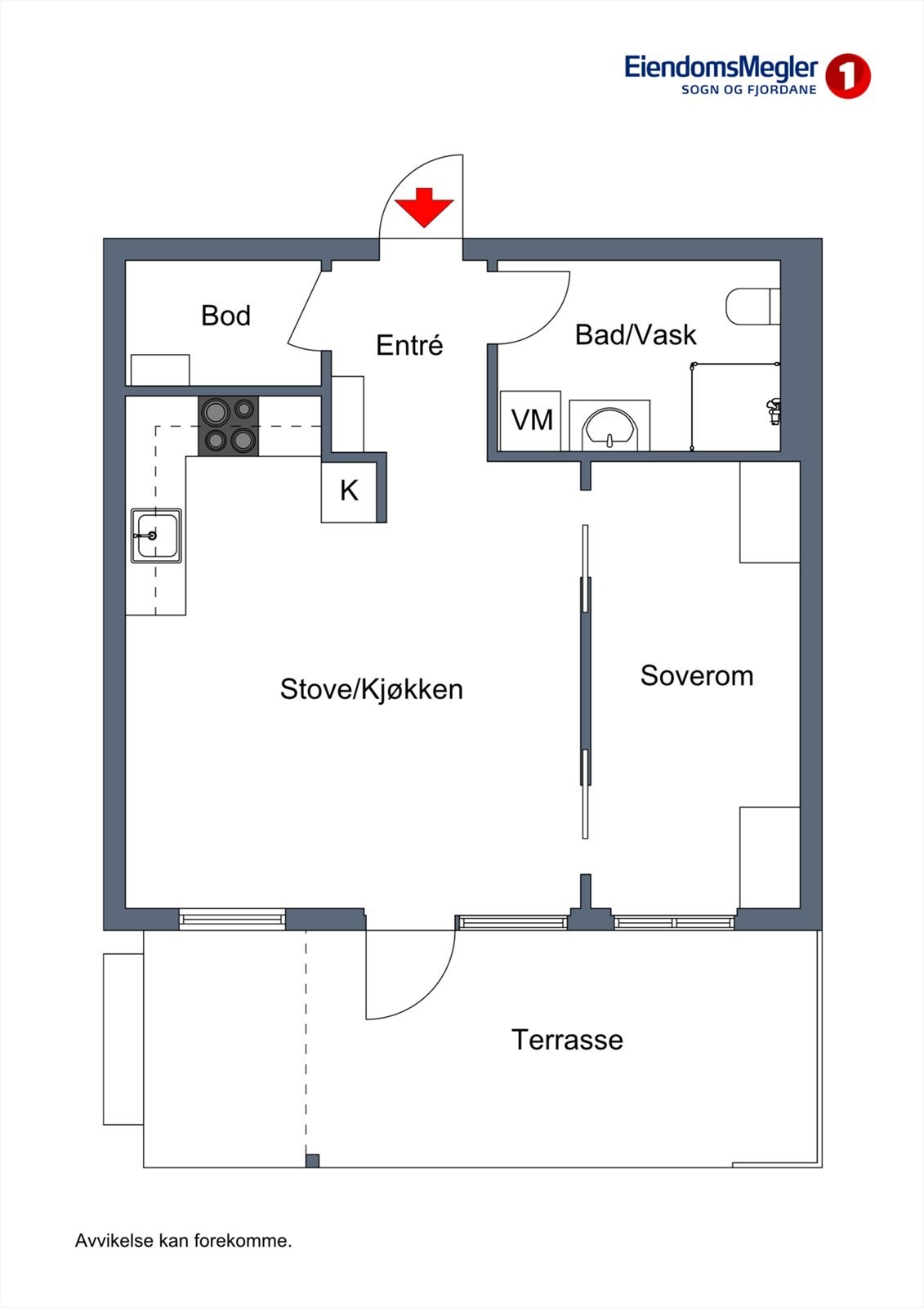 Leilegheita har ei arealeffektiv planløysing på 43 m² som inkluderer stove/kjøkken, soverom, bad og bod. Galleribilde