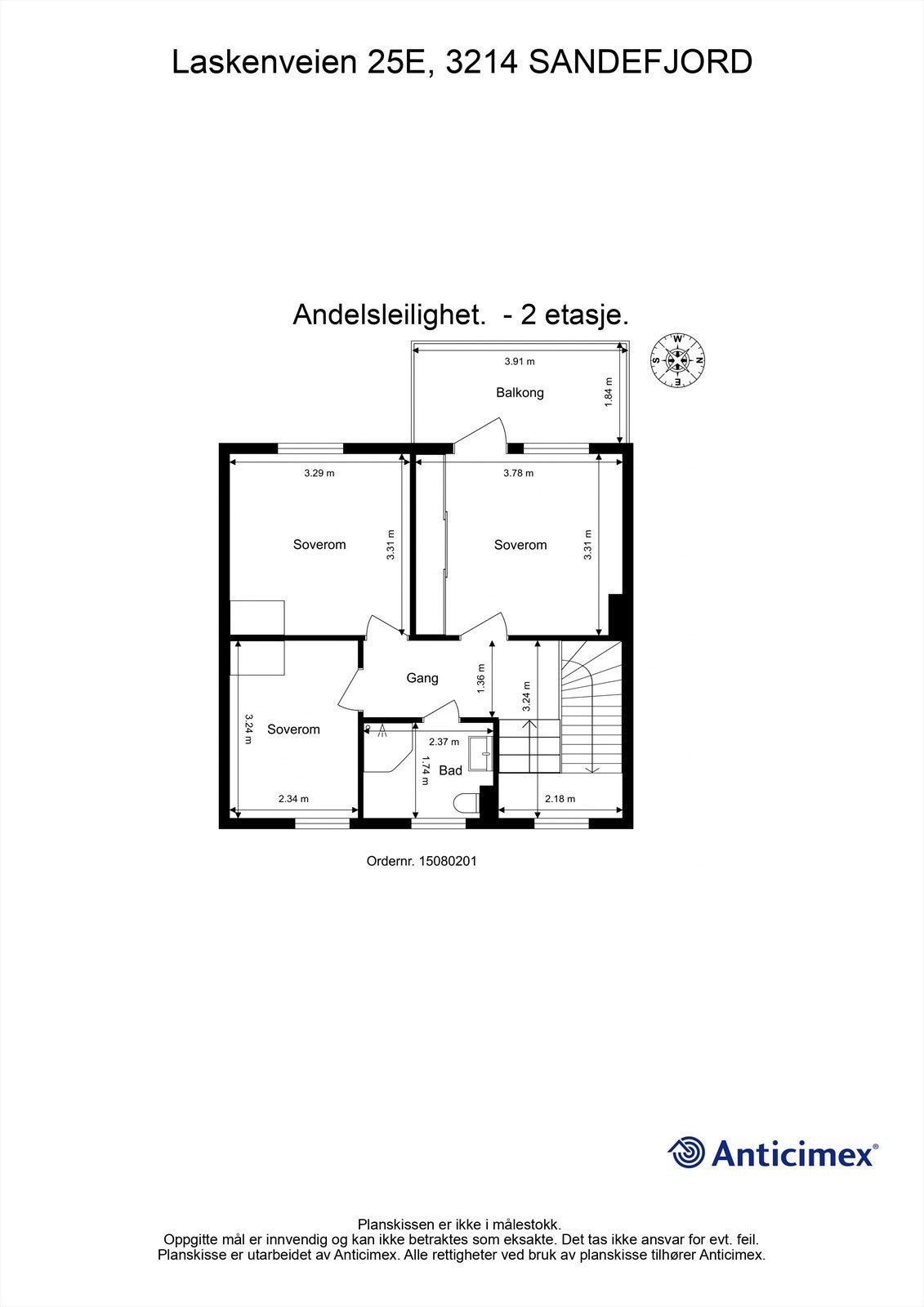 Andre etasje på 48 m² består av en privat sone med gang, bad og tre soverom. Galleribilde