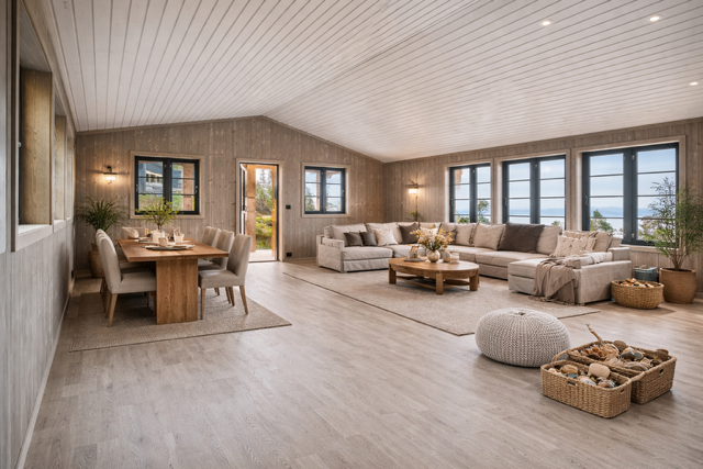 Stuen har god plass til både spiseplass og sofagruppe. Det er benyttet AI for digital styling på bilde og er ment som en illustrasjon. Avvik kan forekomme. Galleribilde