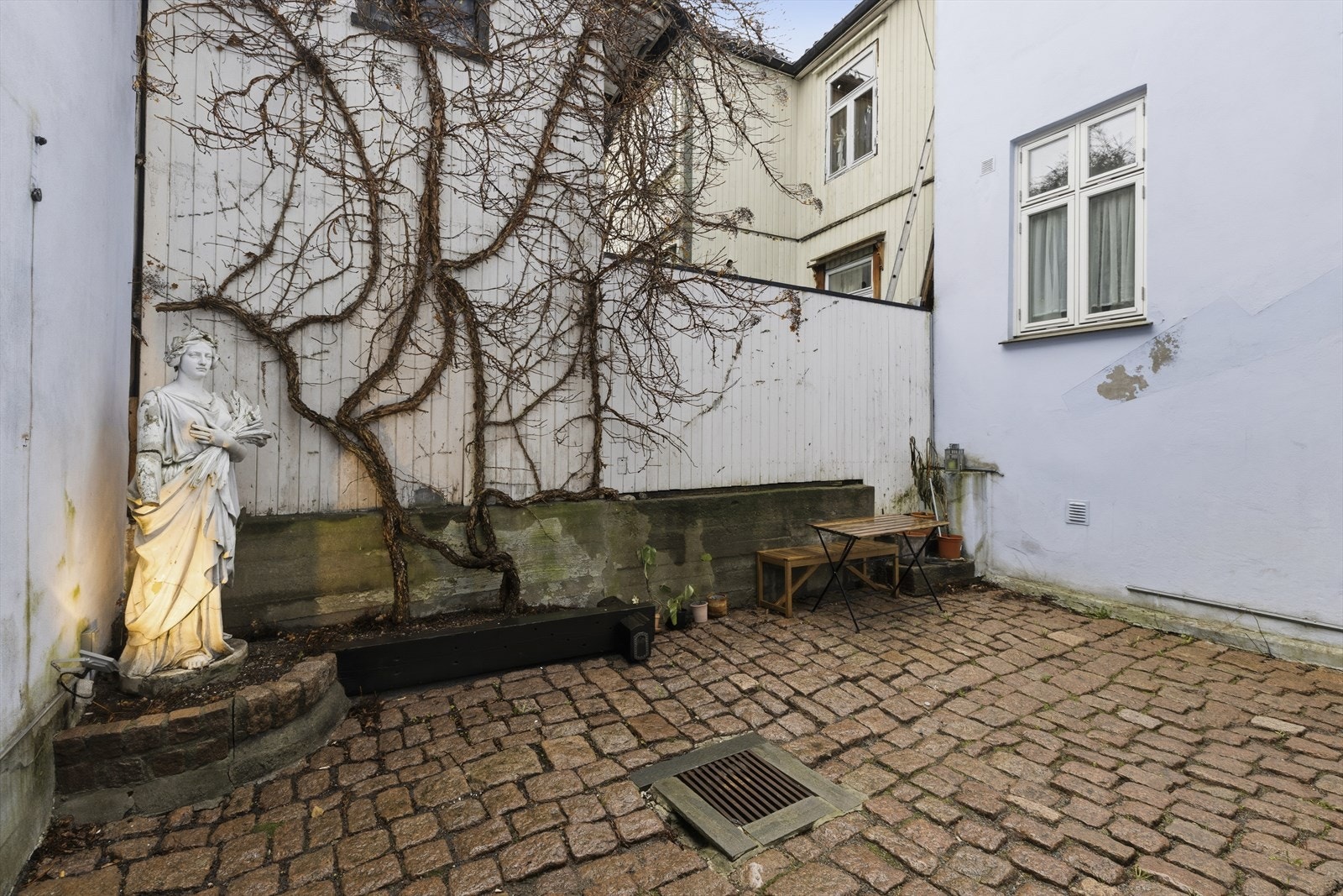 På sommerstid er bakgården frodig og flott, med et vakkert klatretre som strekker seg langs veggen. Galleribilde