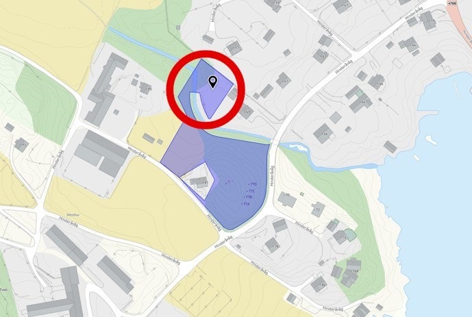 Areal markert med rød sirkel fradeles - inngår ikke i salget Galleribilde