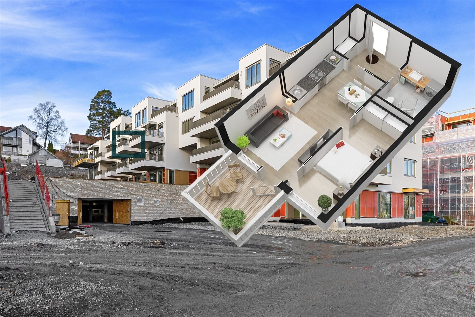 Fin beliggenhet på øvre del i prosjektet. 4. etg. Omtrentlig plassering avmerket. Galleribilde