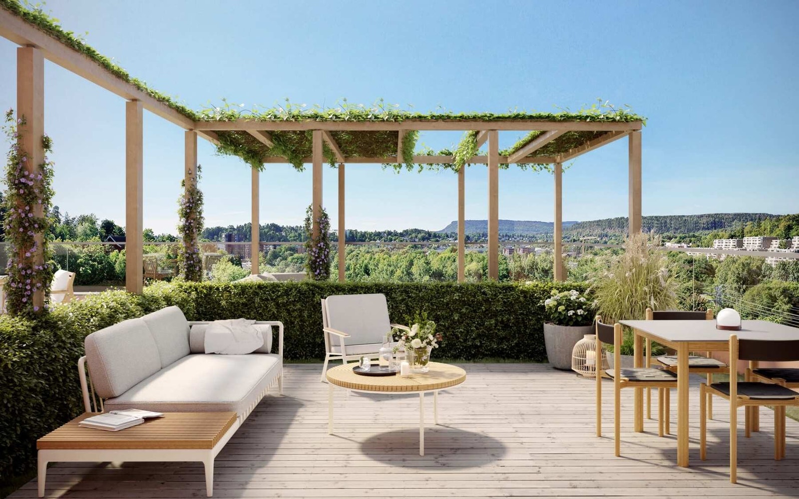 Felles takterrasse med gode solforhold og tilrettelagte soner for opphold og sosiale sammenkomster. Bildet er kun ment som illustrasjon. Galleribilde