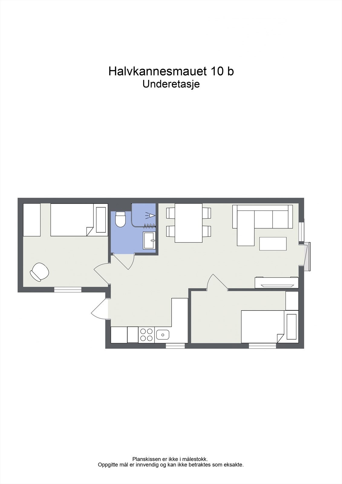 Plantegning underetasje - Etasjen er innredet som egen leilighet (ikke godkjent). Se pkt. "Ferdigattest/brukstillatelse" for nærmere informasjon. Galleribilde