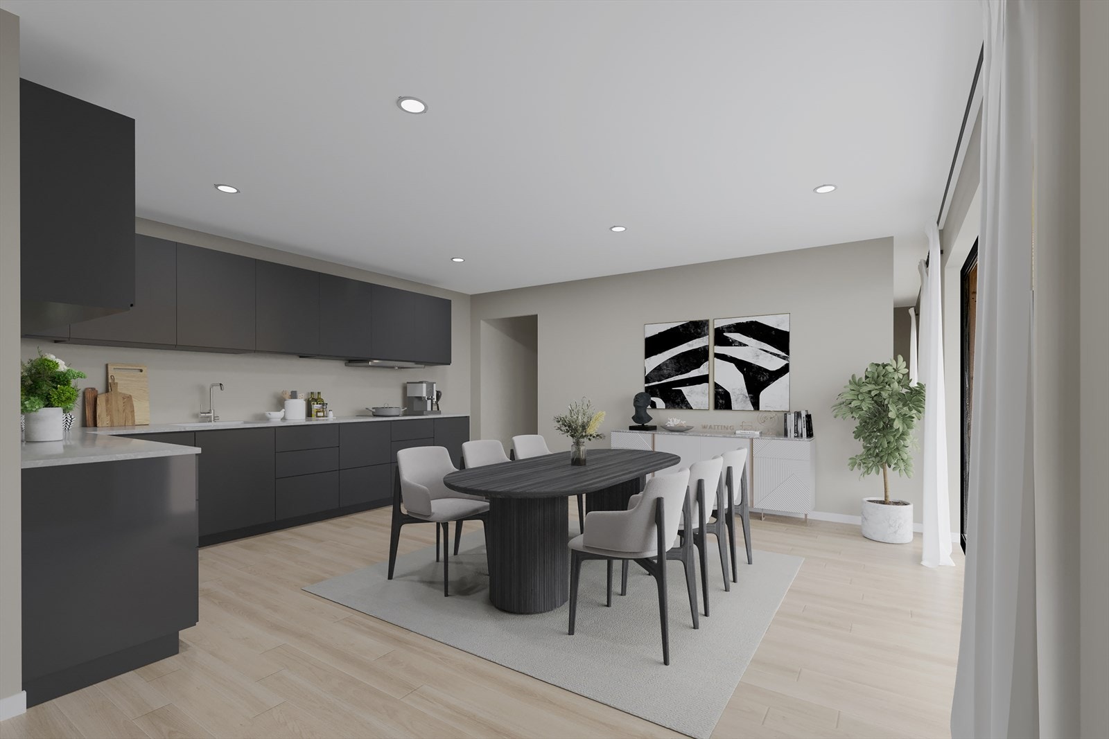 Stue underetasje. Bildet har 3D-møblering, det er ikke satt inn kjøkkeninnredning pt. Galleribilde