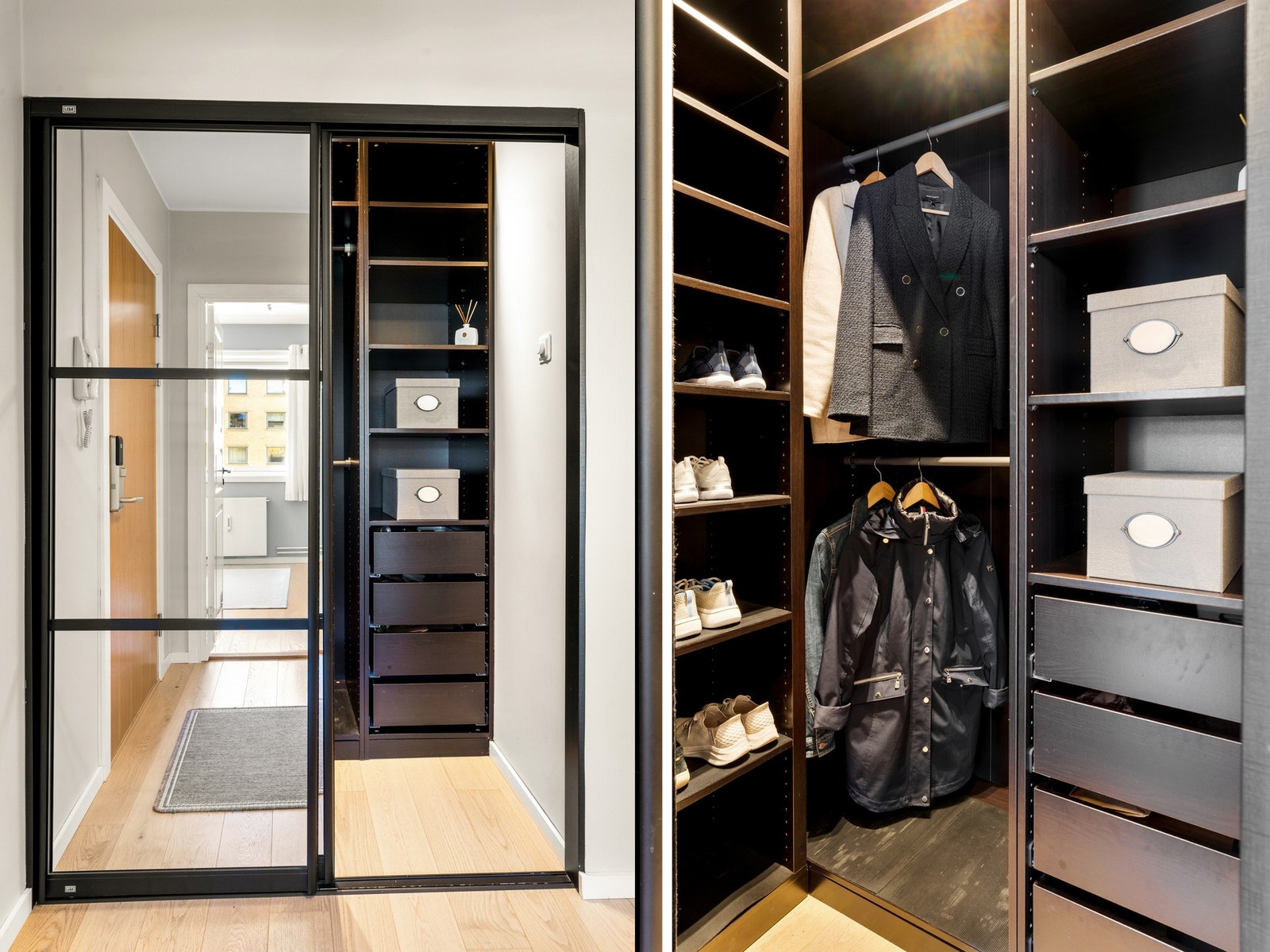 Entréen har adkomst til en lekker walk-in-nisje med skyvedørsgarderobe med rikelig oppbevaringsplass. Galleribilde