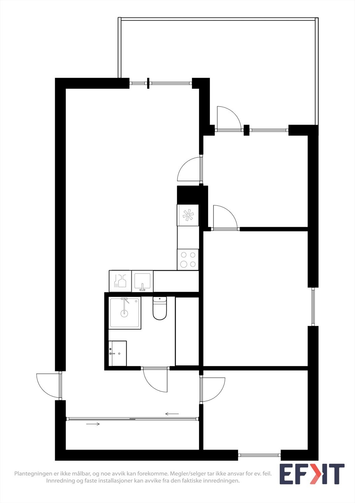 Leiligheten har en praktisk planløsning som omfatter tre soverom, bad og stue/kjøkken. Galleribilde