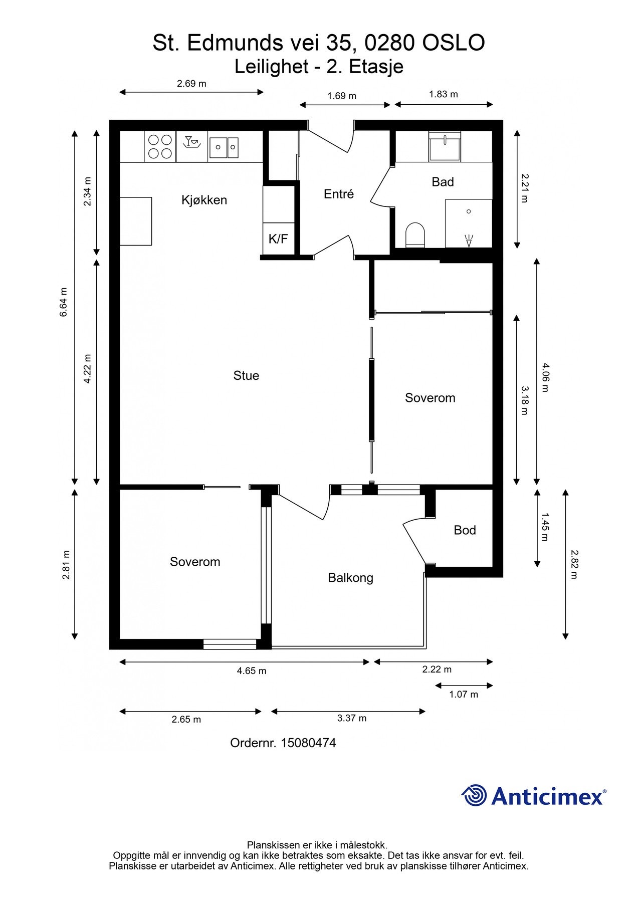Oversiktlig planløsning med stue, to soverom, kjøkken, bad, bod og balkong - alle rom i 2. etasje. Galleribilde