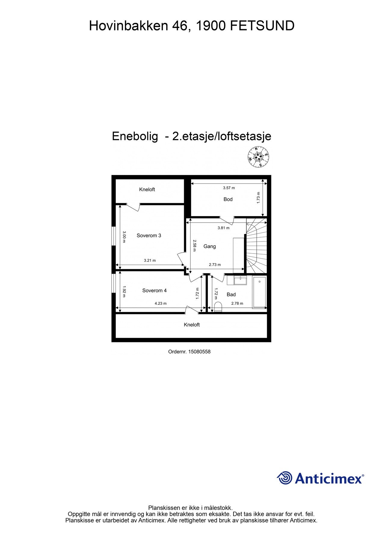 Plantegning 2.etg. Loftet har gulvareal på ca. 39 m2, målbart ca. 33 m2. Galleribilde