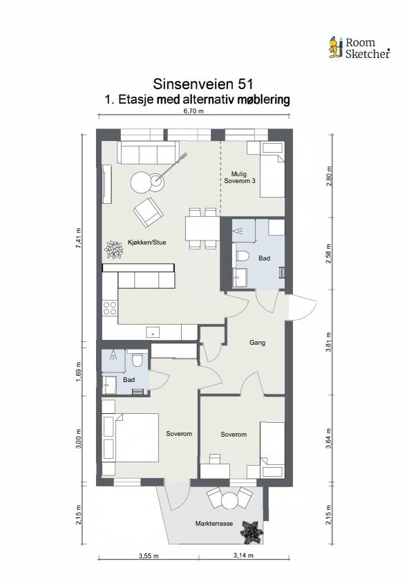 Alternativ planløsning med ekstra soverom. Galleribilde