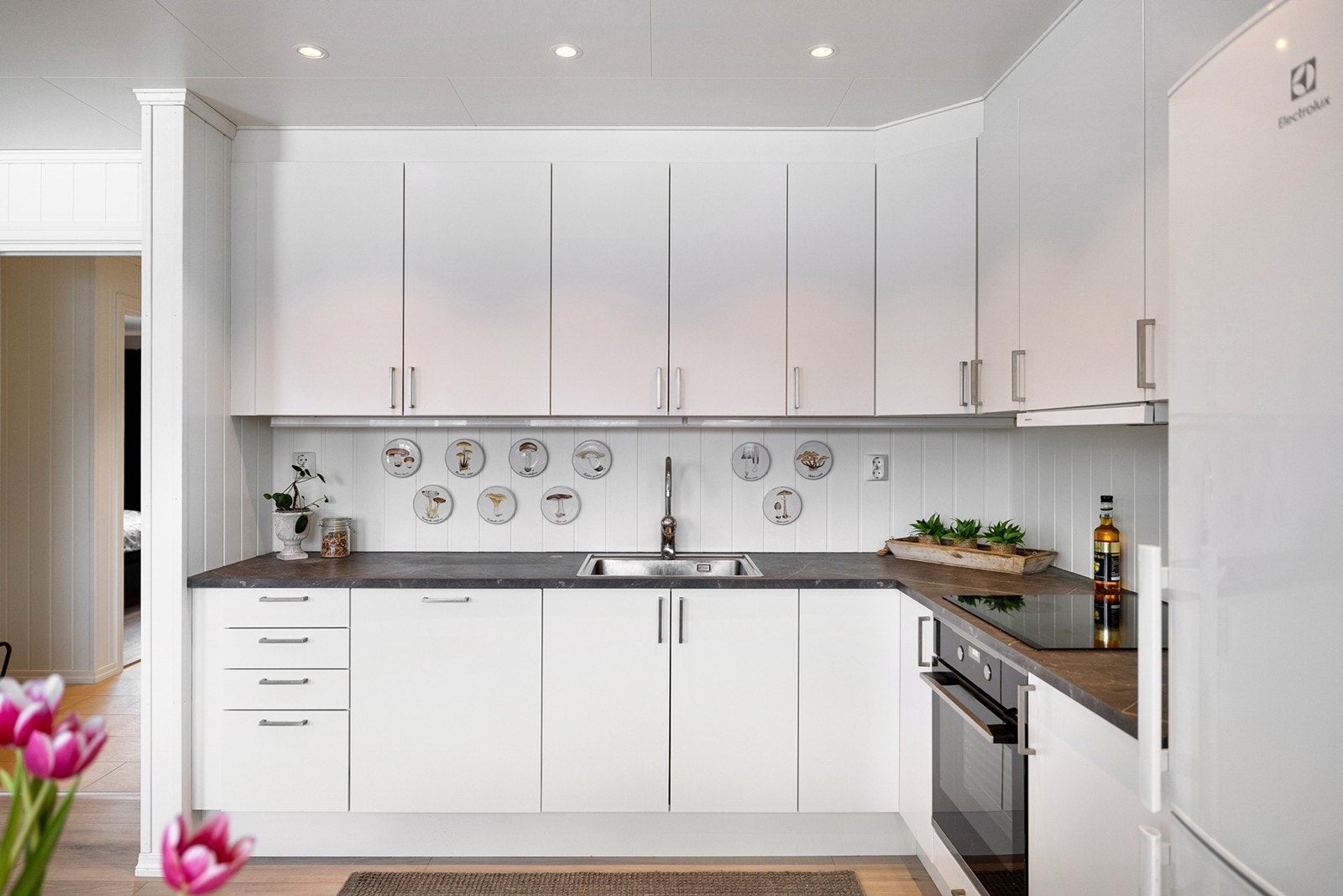 Det er montert en integrert oppvaskmaskin, integrert komfyr og nedfelt platetopp og det er tilkoblet en ventilator over kokeplass. Galleribilde