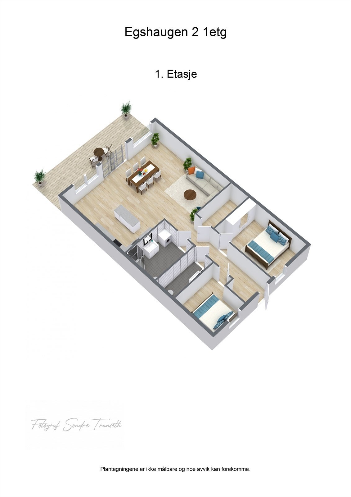 Planløsning Egshaugen 2: entre/mellomgang, hovedsoverom, innvendig bod, soverom nr. 2, toalettrom, bad, samt åpen stue/kjøkkenløsning med tilkomst til terrasse. I tillegg medfølger det bod ved terrassen, bod og parkeringsplass i byggets underetg. Galleribilde