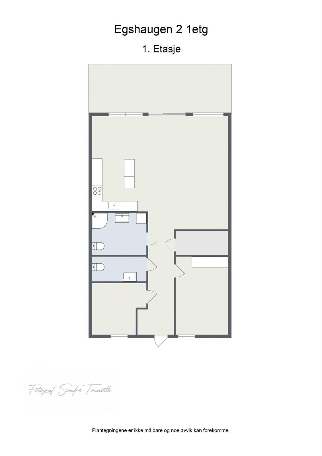 Planløsning Egshaugen 2: entre/mellomgang, hovedsoverom, innvendig bod, soverom nr. 2, toalettrom, bad, samt åpen stue/kjøkkenløsning med tilkomst til terrasse. I tillegg medfølger det bod ved terrassen, bod og parkeringsplass i byggets underetg. Galleribilde