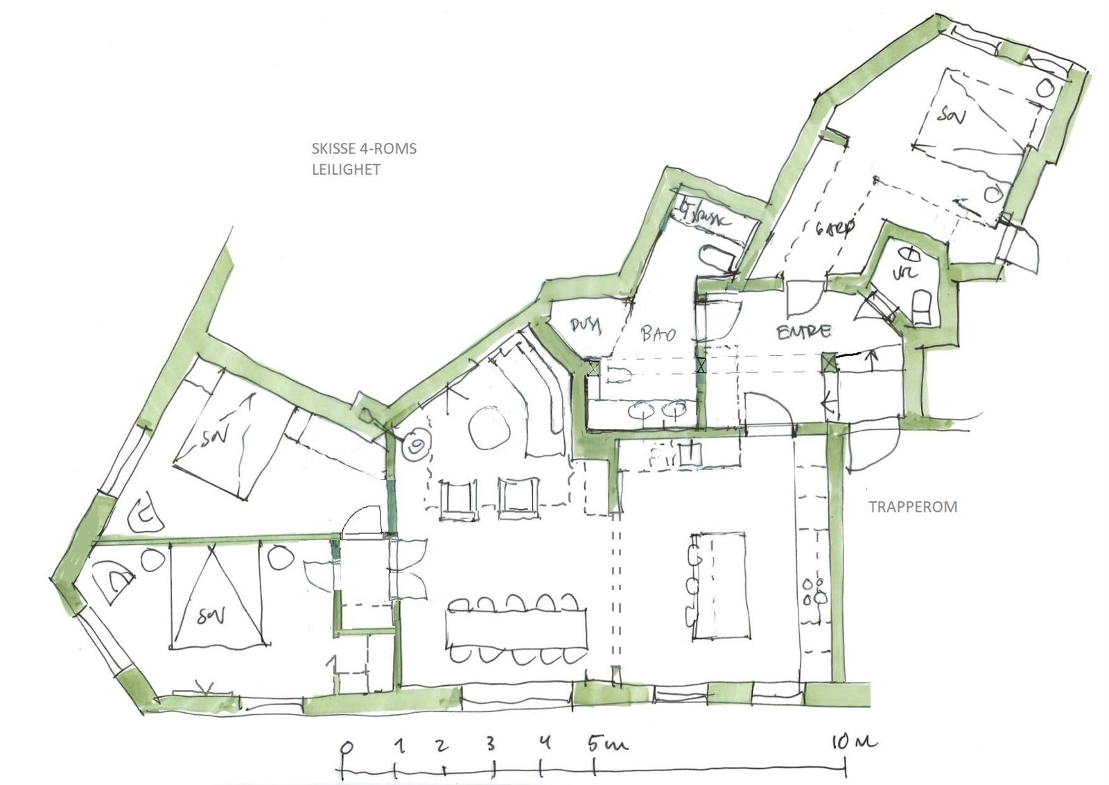 Alternativ plantegning/skisse med 3 soverom. Det tas forbehold om eventuelle søknadsprosess vedrørende bærende vegger, og ellers utføring av illustrert skisse. Kjøper har selv ansvar og risiko for dette. Galleribilde