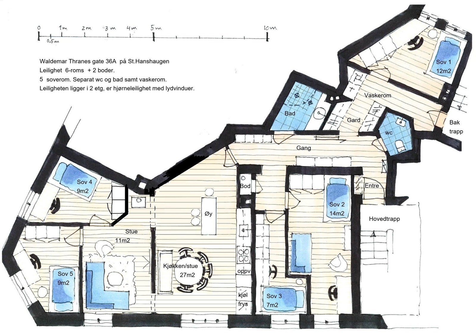 Skisse som viser leiligheten slik den er innredet nå, som bofellesskap med 5 soverom . Galleribilde