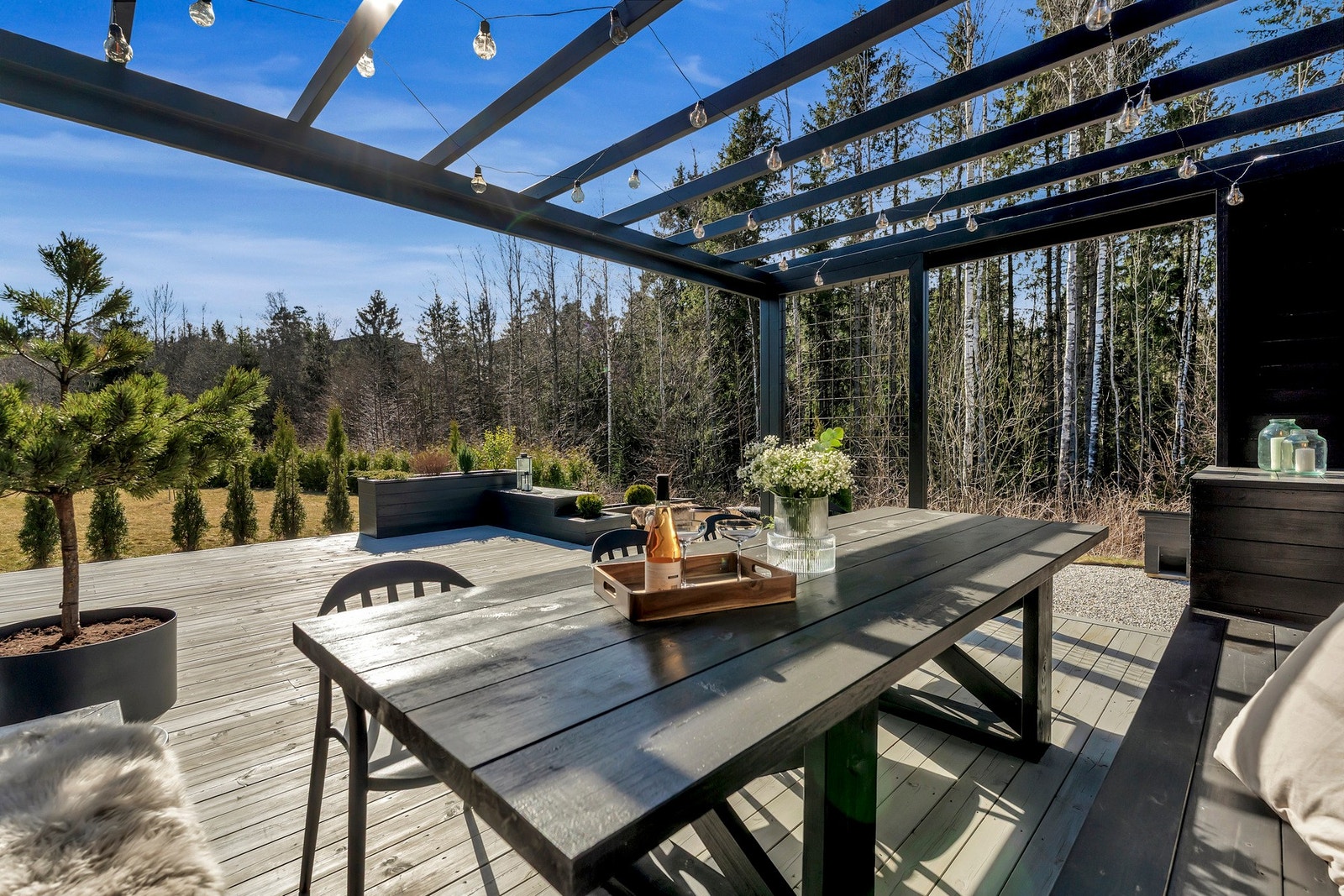 Overbygd pergola med utsikt mot skogsarealet Galleribilde