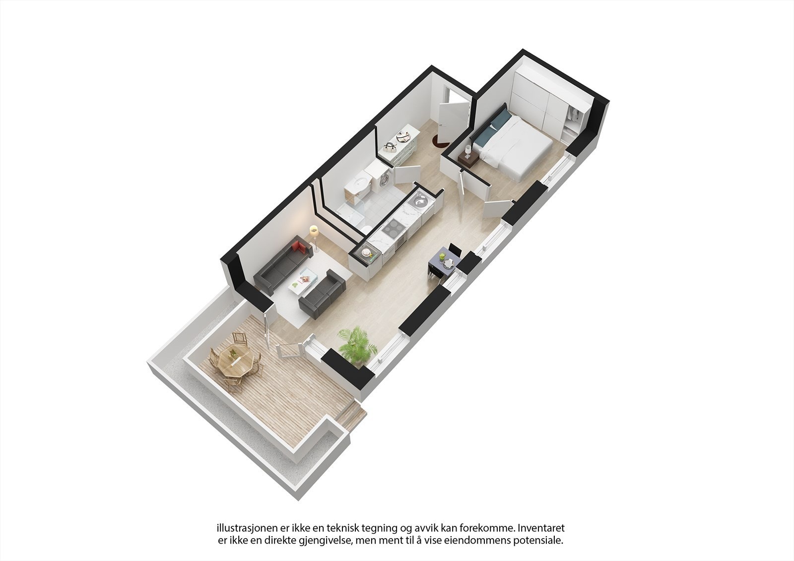 Last ned salgsoppgave for bilder av leiligheten. Bilder i annonse er digitalt stylet/KI-generert. Det er satt av plass til skap på soverom. Galleribilde