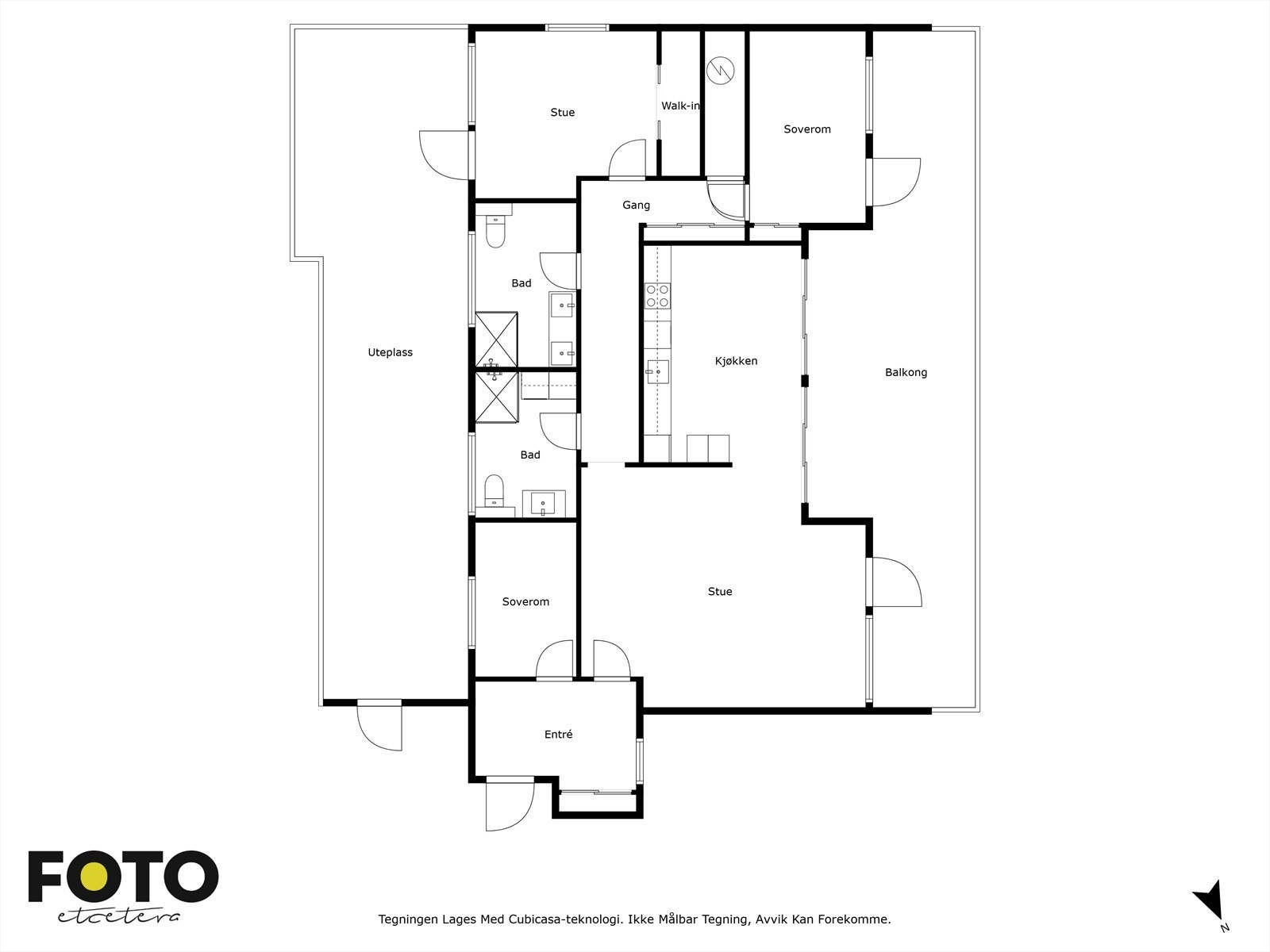Leiligheten har en gjennomtenkt planløsning på 124 m² BRA-I med tre soverom, to bad og store, sosiale soner. Galleribilde