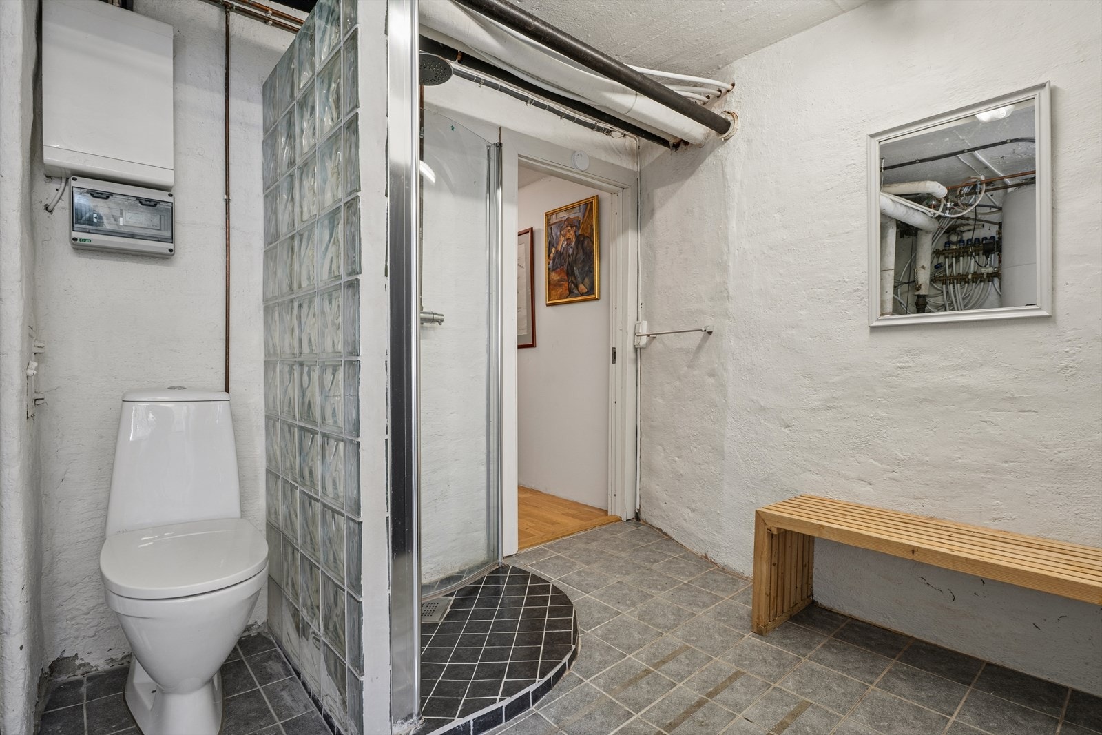 Romslig vaskerom/teknisk rom med flislagt gulv og malte murvegger. Rommet inneholder frittstående toalett og dusj med dører i herdet glass. Benkeplate med oppvaskkum i rustfritt stål. Opplegg for vaskemaskin. Galleribilde