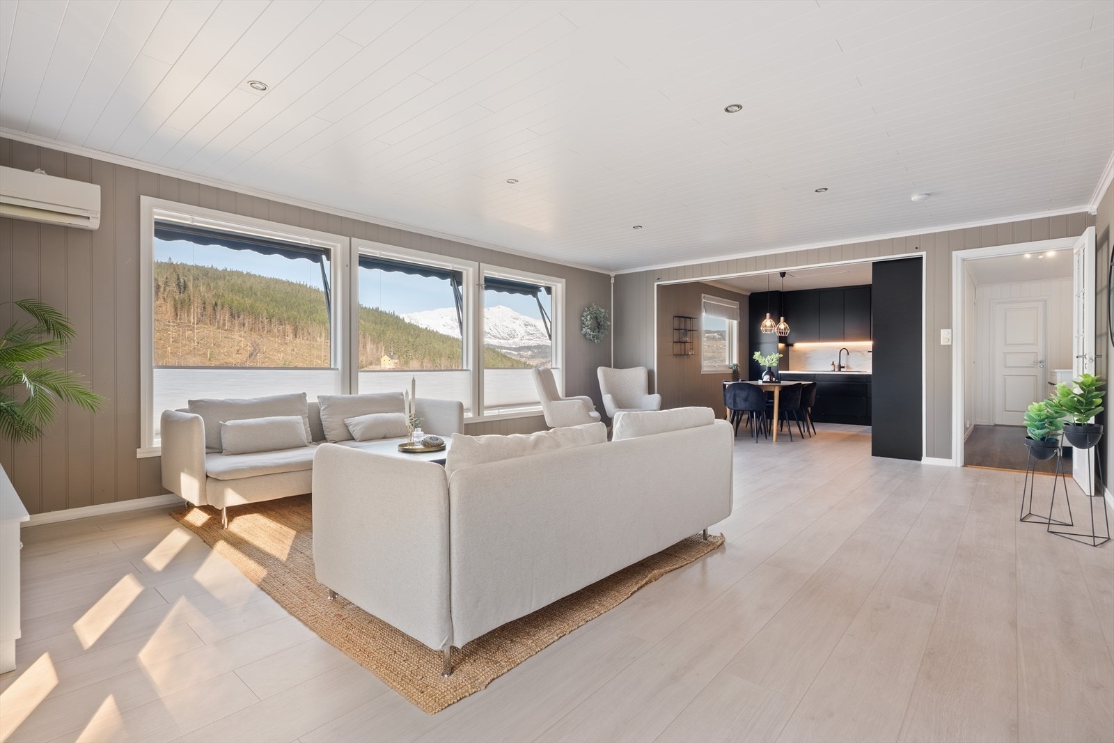 Stor stue i åpen løsning med kjøkkenet. Galleribilde